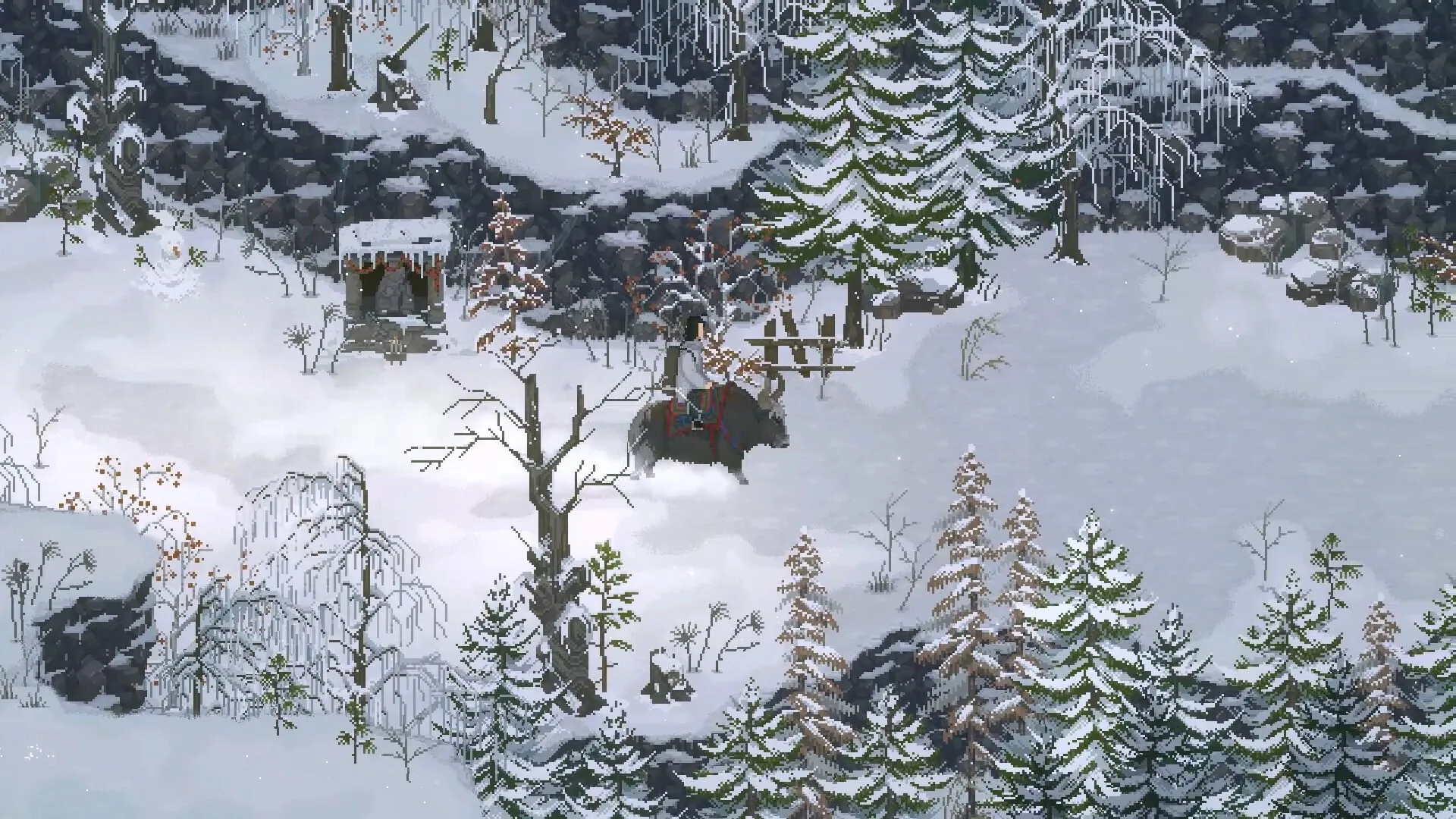 The Rewinder 2: Character riding yak through snowy forest, surrounded by frosted trees and rocky cliffs.