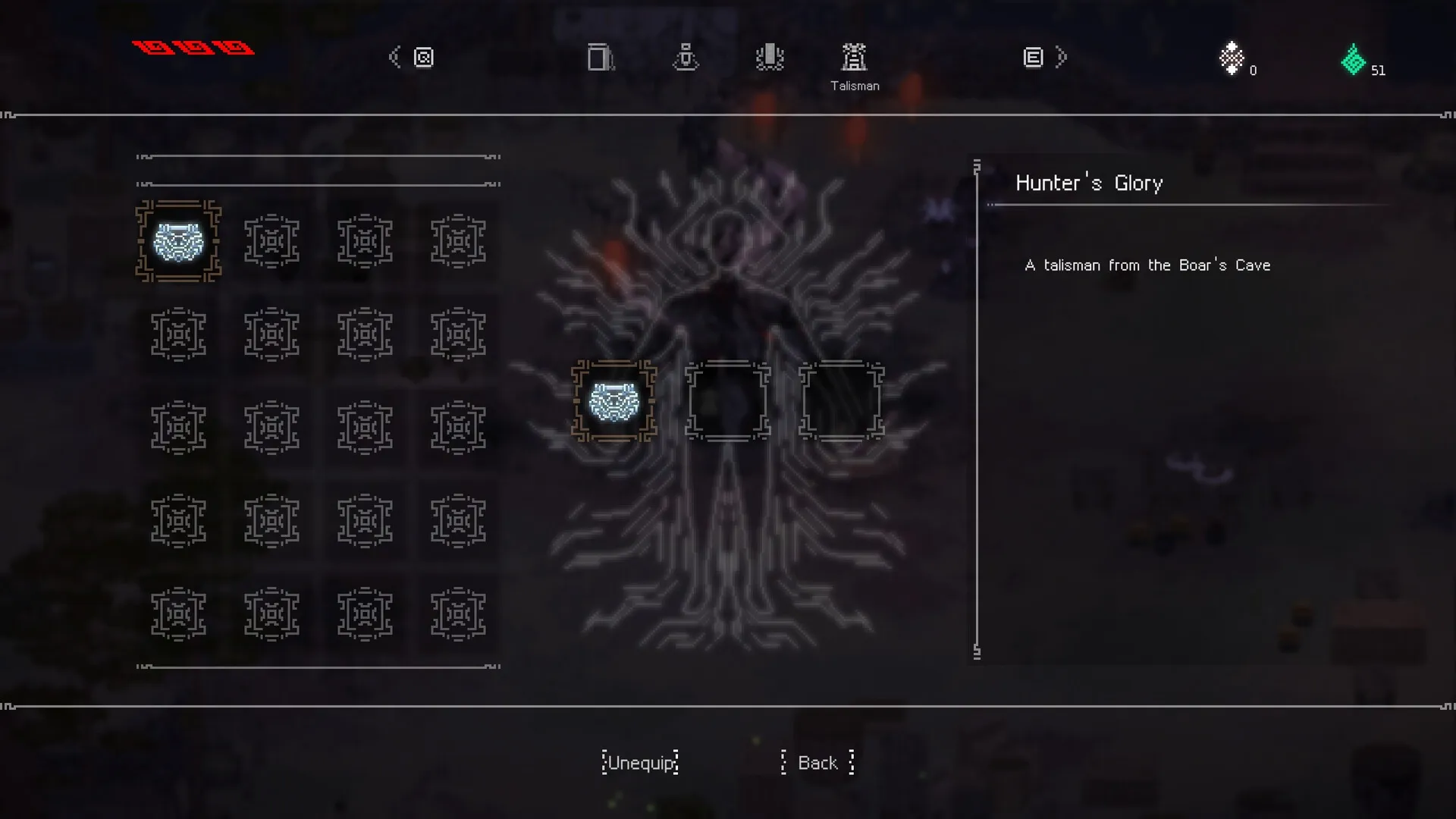 The Rewinder 2: Talisman inventory screen displaying Hunter's Glory with detailed background design