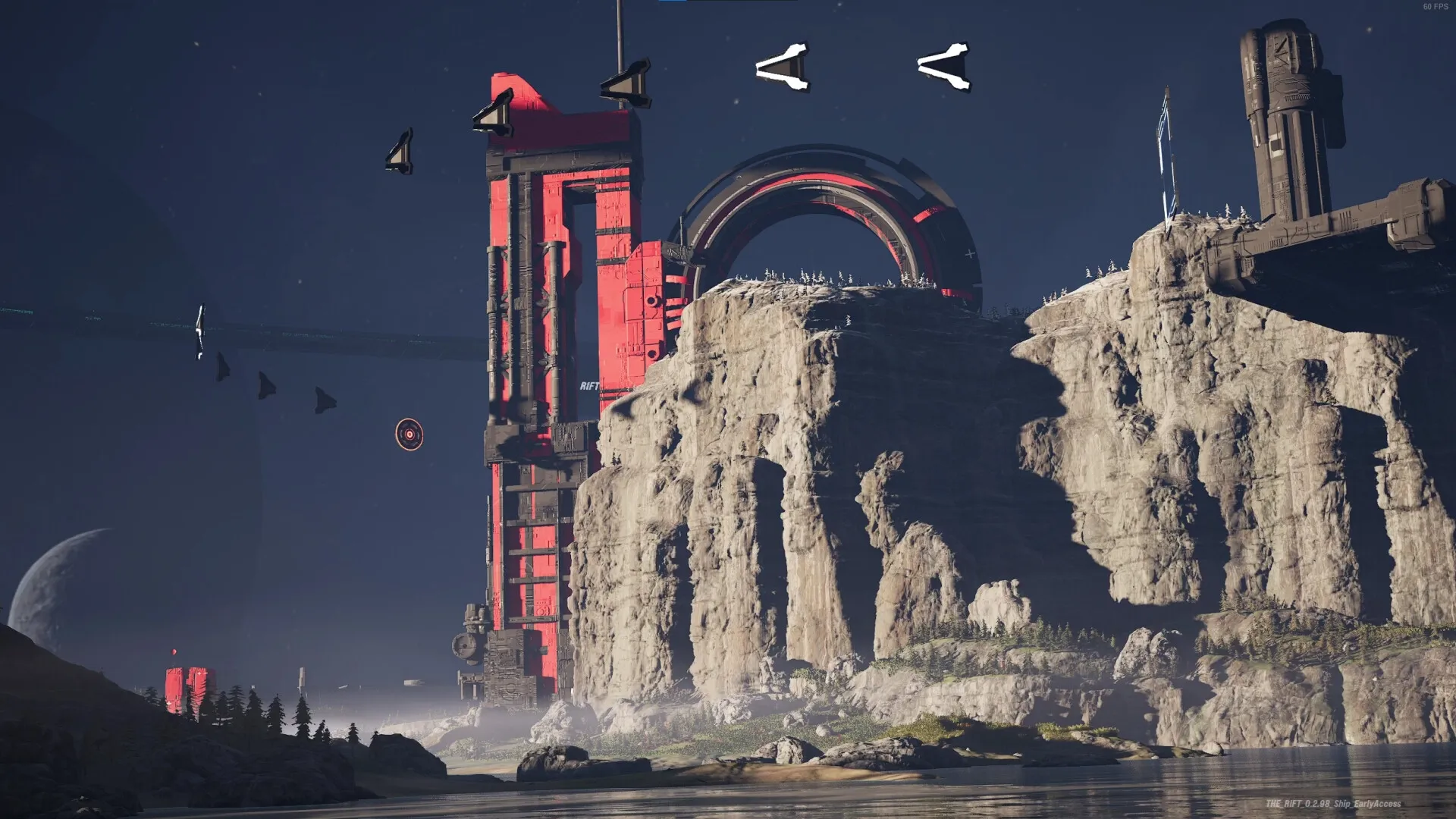 THE RIFT: Spaceships racing near a colossal red structure with rocky cliffs and a distant planet backdrop