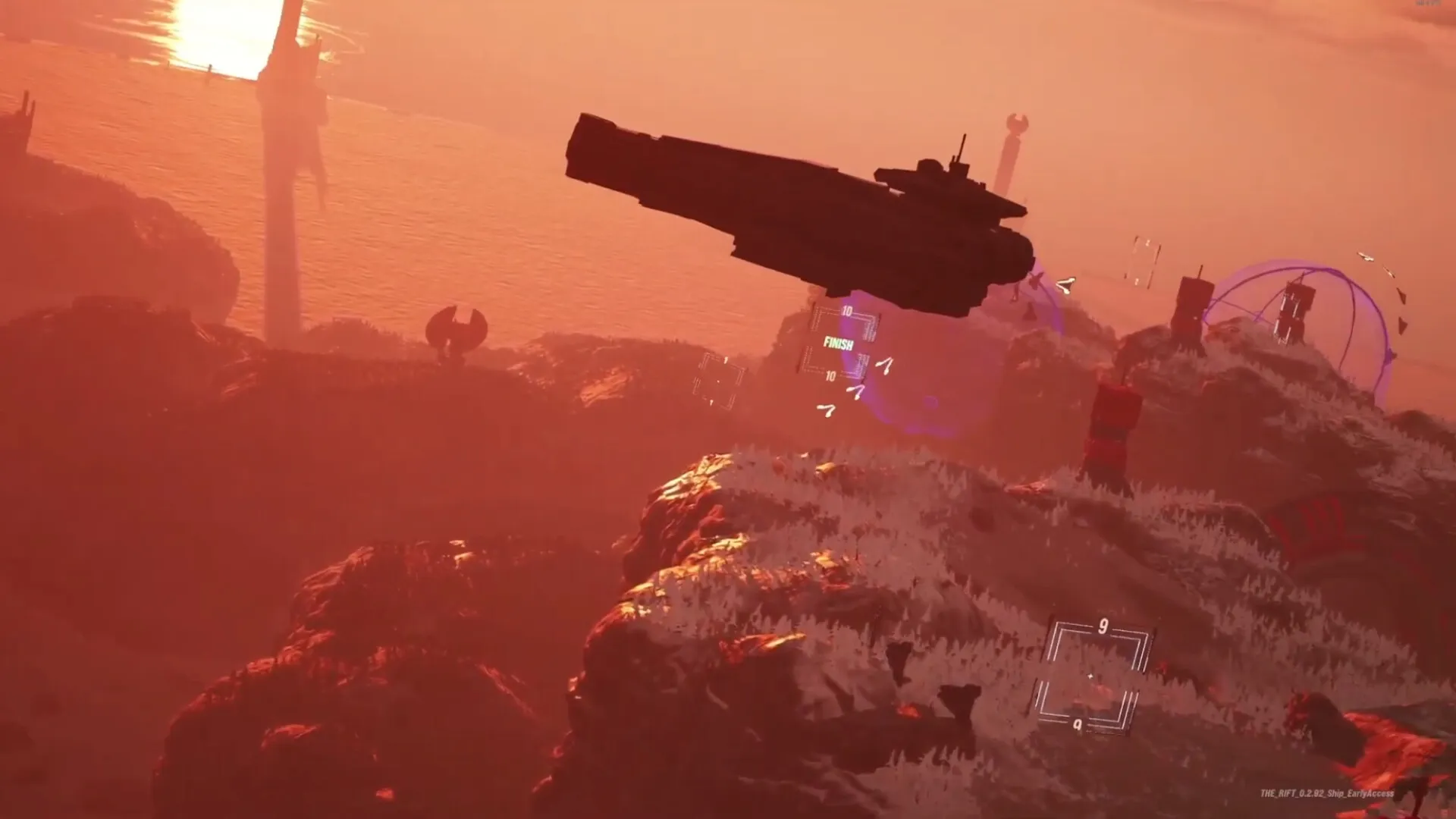 THE RIFT: Spaceship racing towards finish line in a sunlit, rocky landscape with UI elements visible.