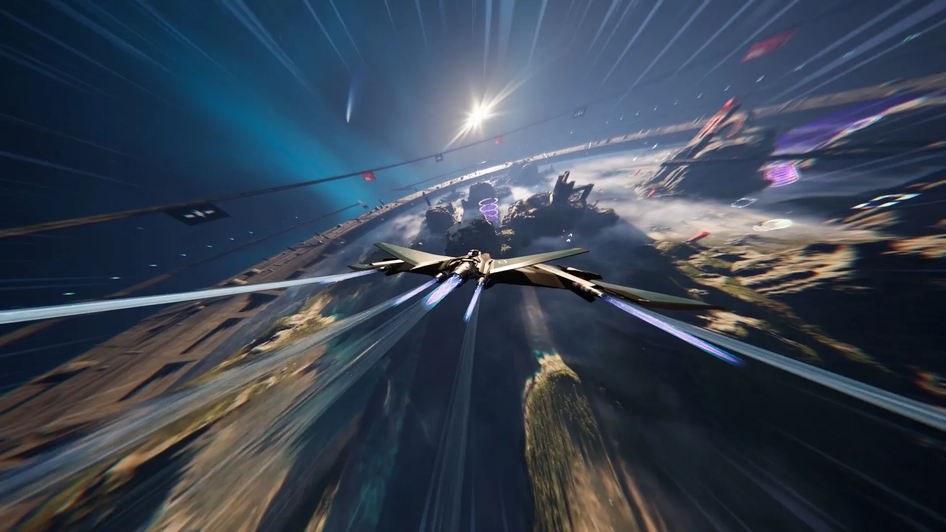 THE RIFT: High-speed spacecraft racing across a vast, curved arena with a glowing vortex ahead
