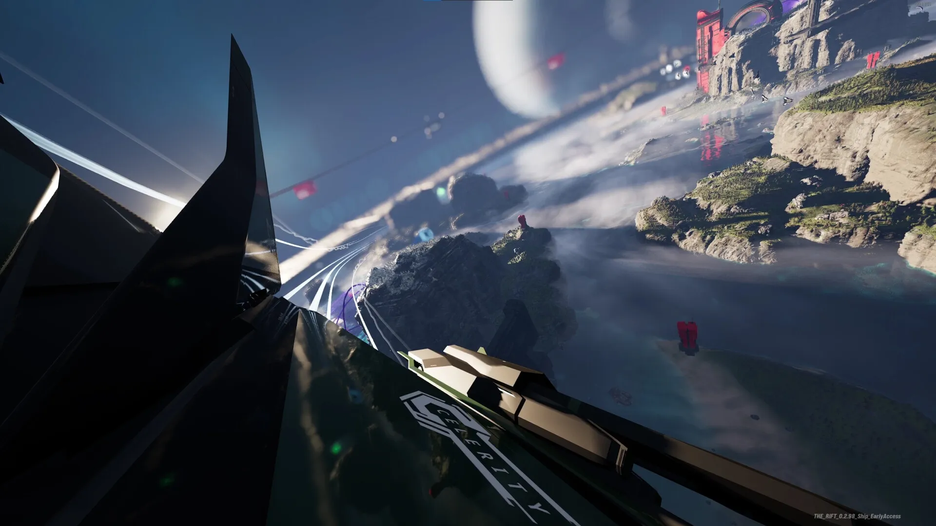 THE RIFT: High-speed ship racing through futuristic landscape with floating islands and distant planet