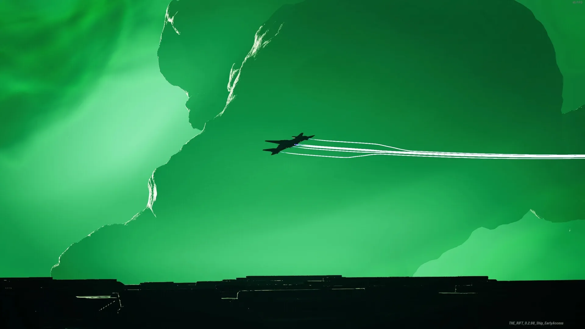 THE RIFT: Jet racing through vibrant green canyon with contrails, silhouetted against towering cliffs