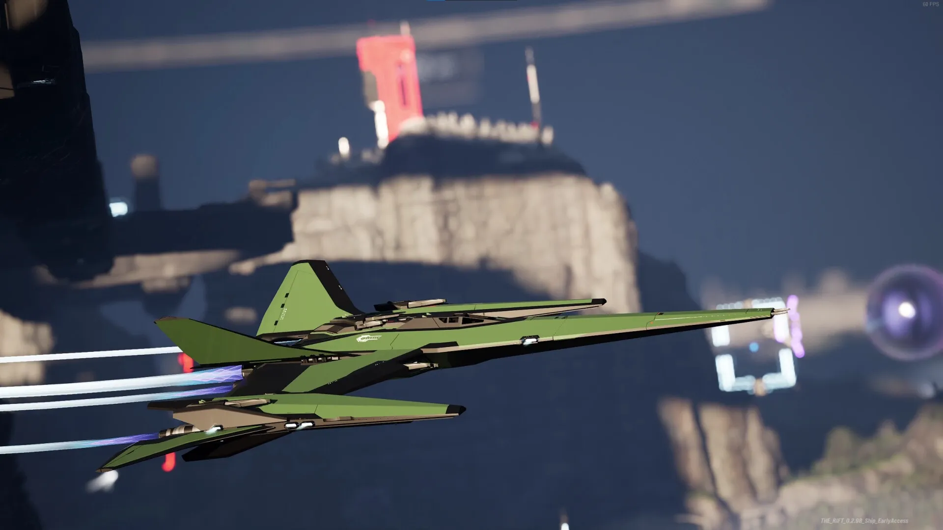 THE RIFT: Green spacecraft racing through massive arena with towering structures in background
