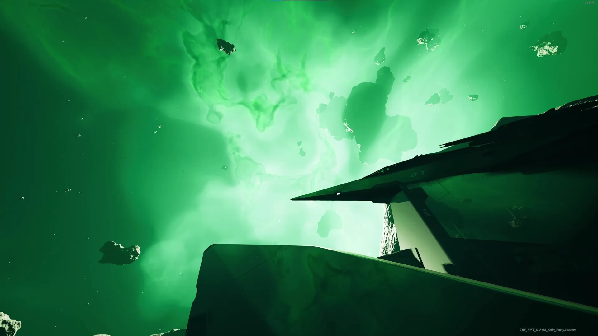 THE RIFT: Spaceship navigating through bright green nebula with scattered asteroids in view