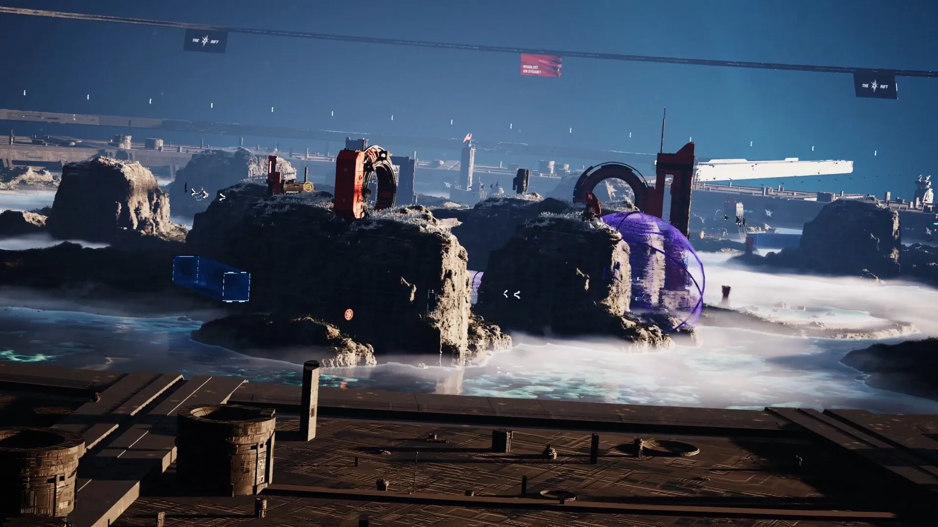 THE RIFT: Aerial race through rocky terrain with futuristic arches and misty atmosphere in colossal arena