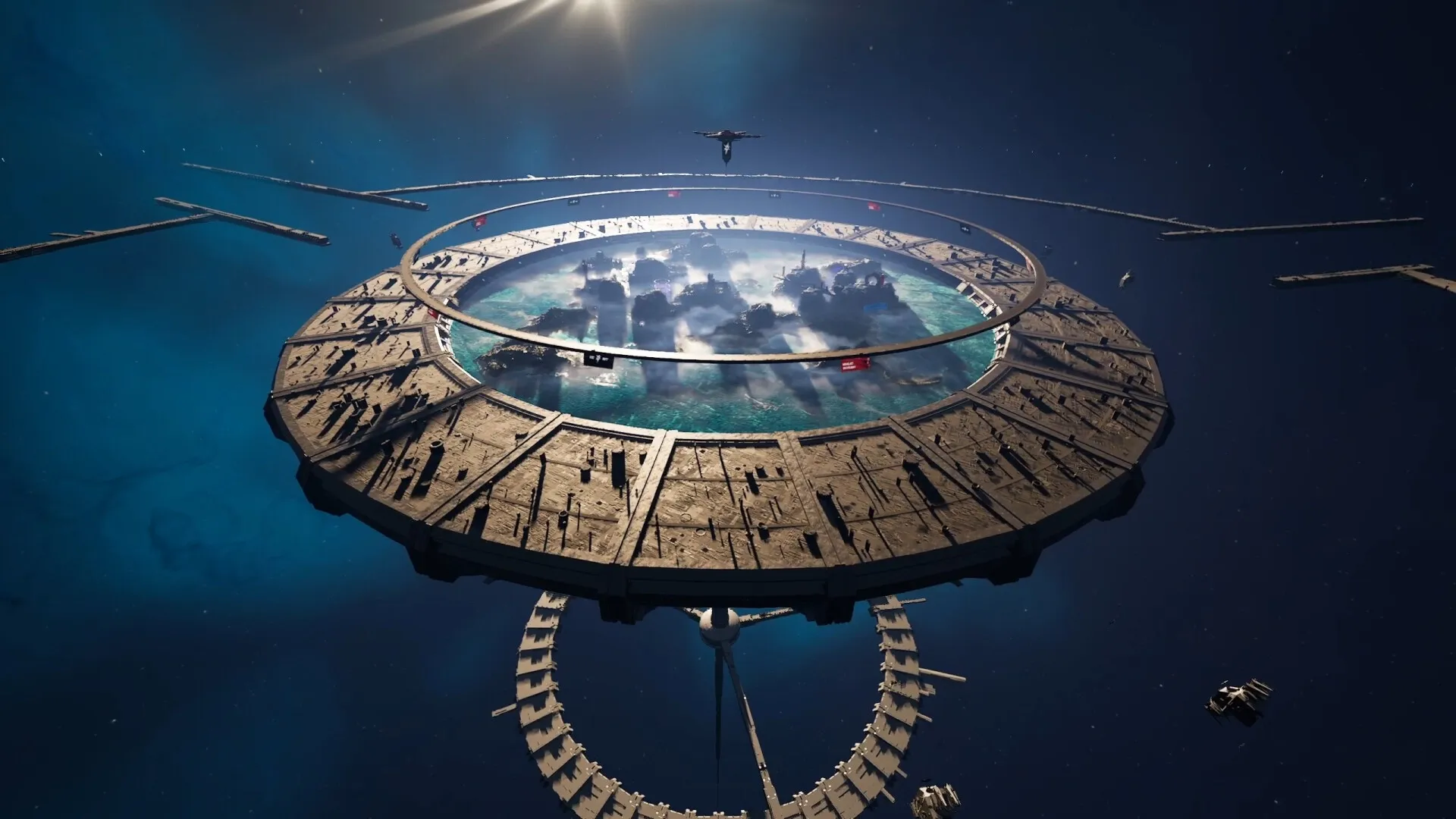 THE RIFT: Aerial view of a massive circular arena floating in space with scattered platforms.