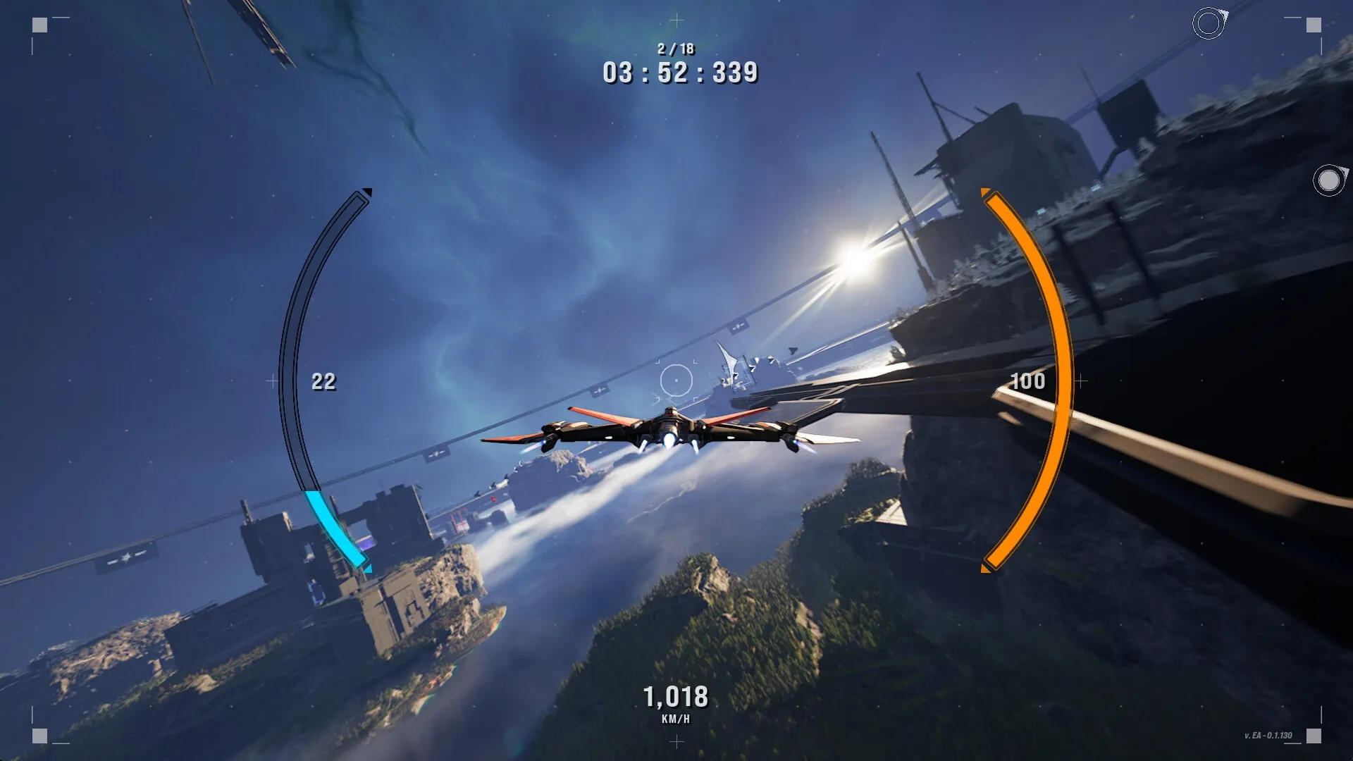 THE RIFT: High-speed spacecraft racing through floating islands, HUD displays speed and position indicators.