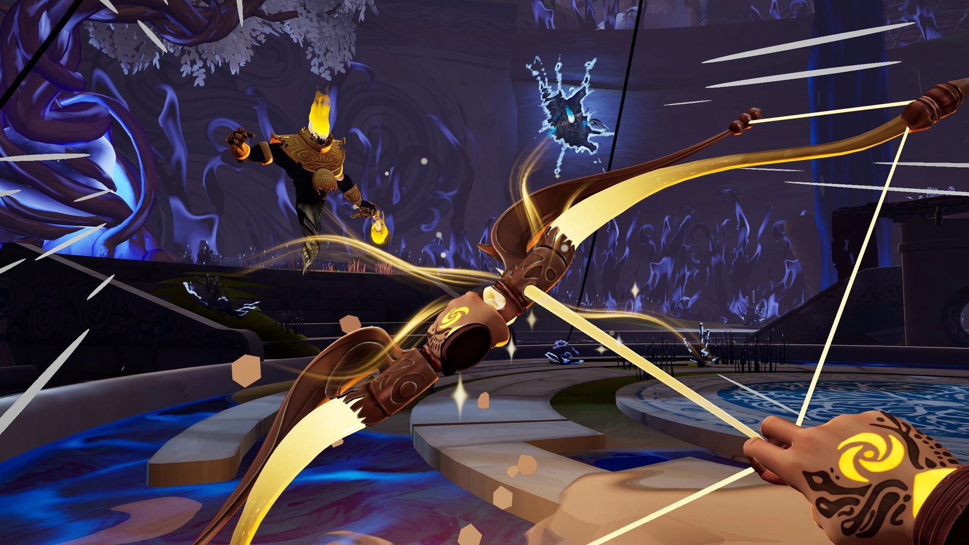 The Rifted Skies: First-person bow drawn at a flaming enemy in a blue-lit ruin arena with rift energy.