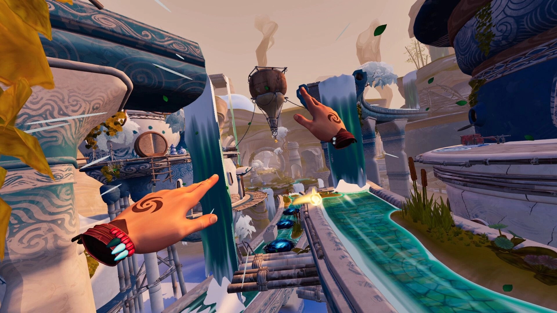 The Rifted Skies: First-person VR hands reaching across floating ruins above turquoise canals and bridges.