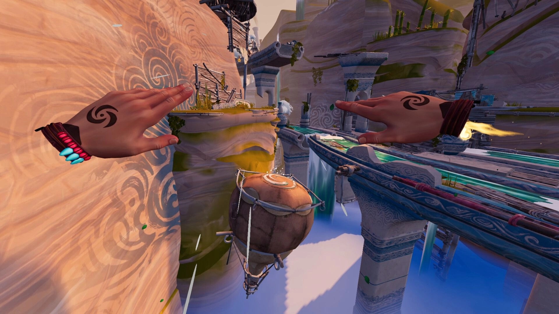 The Rifted Skies: First-person VR parkour leap between floating ruins above clouds in canyon cliffs.