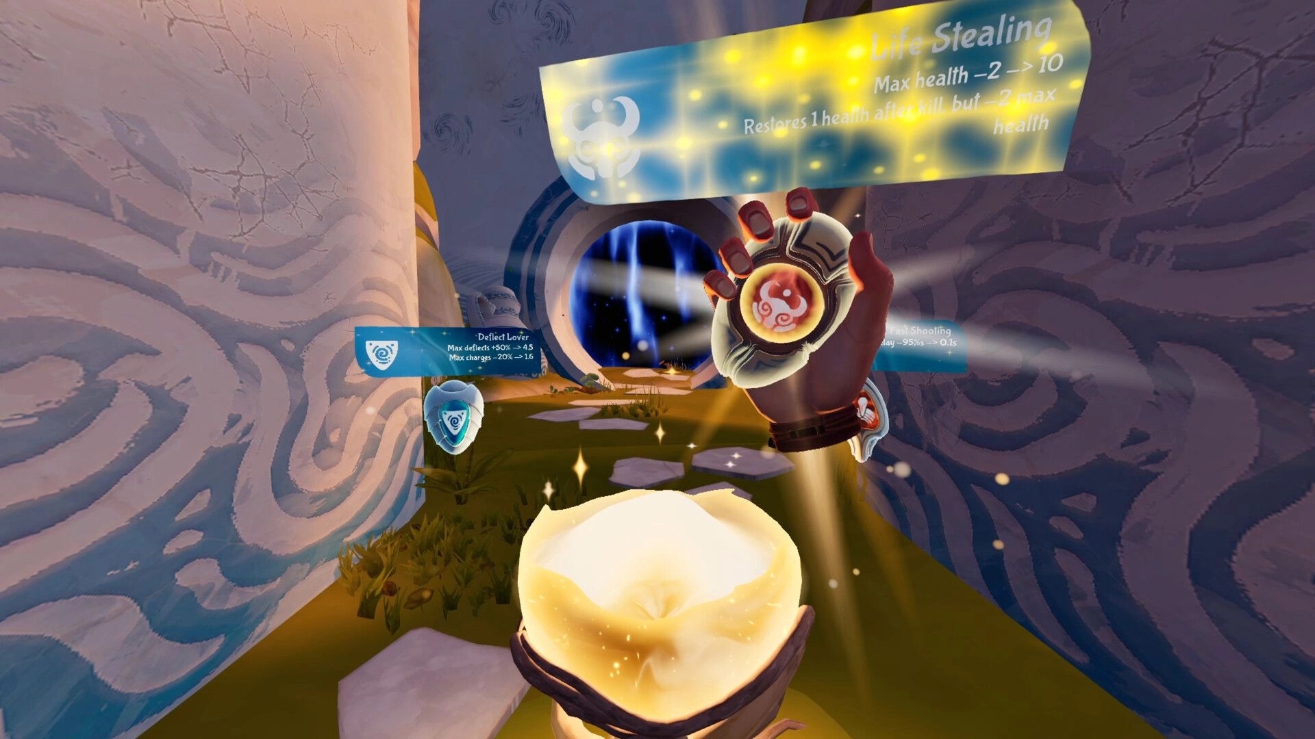 The Rifted Skies: VR hand selects Life Stealing upgrade beside portal in carved stone corridor chamber.