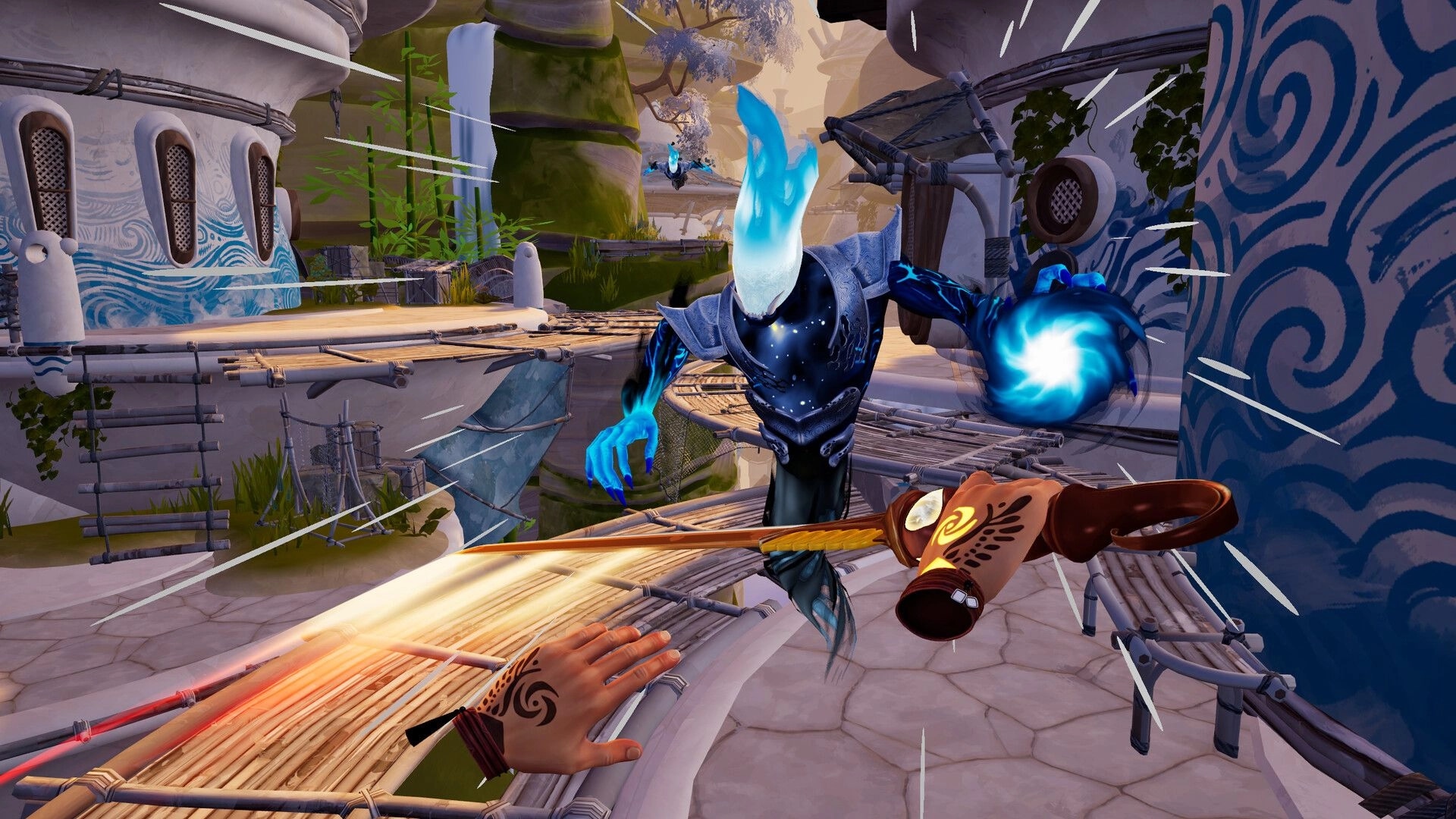 The Rifted Skies: First-person sword fight with blue flame enemy on bamboo bridges in sky village.