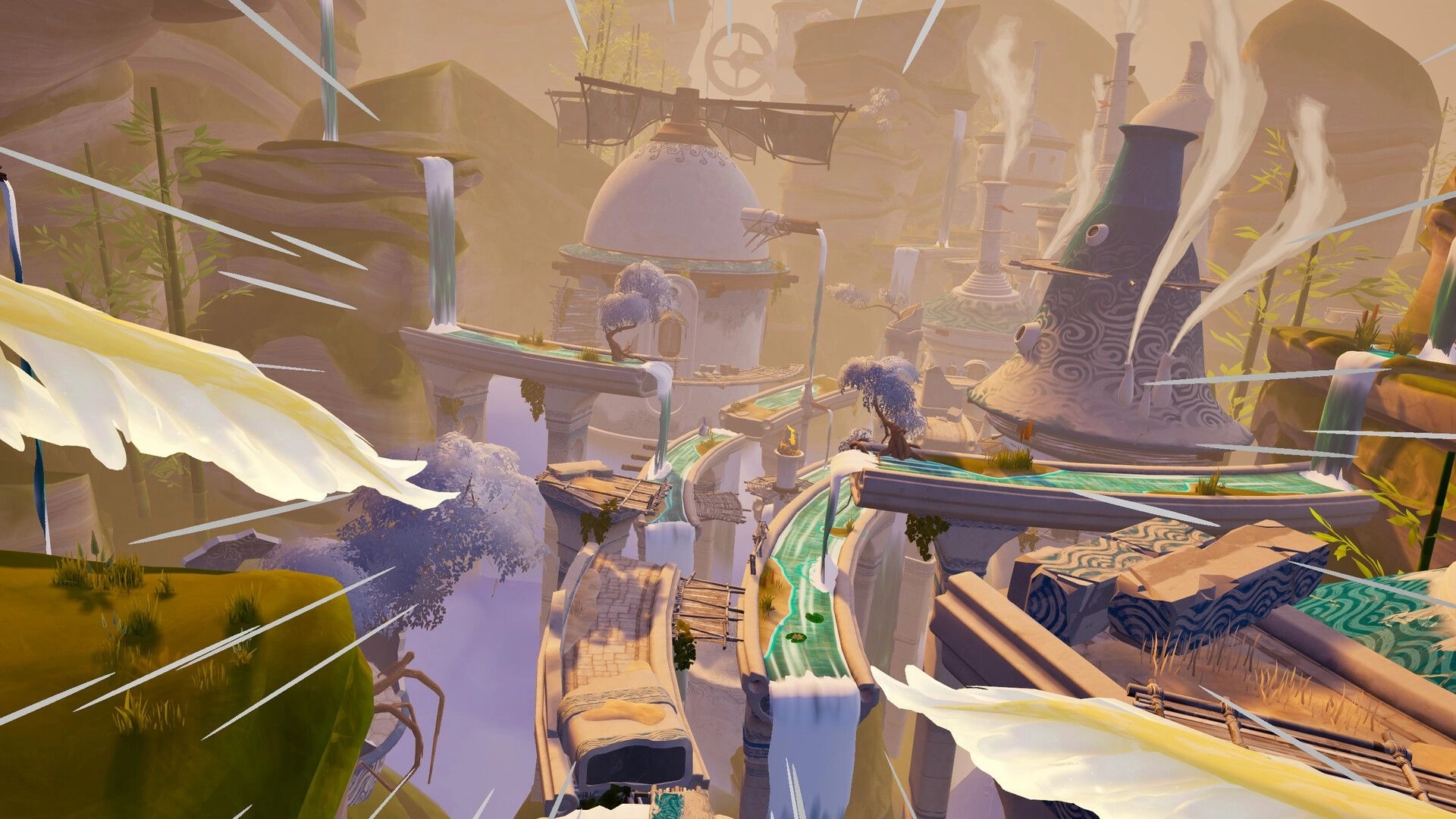The Rifted Skies: Sweeping view of floating temple walkways and waterfalls in a misty canyon city.