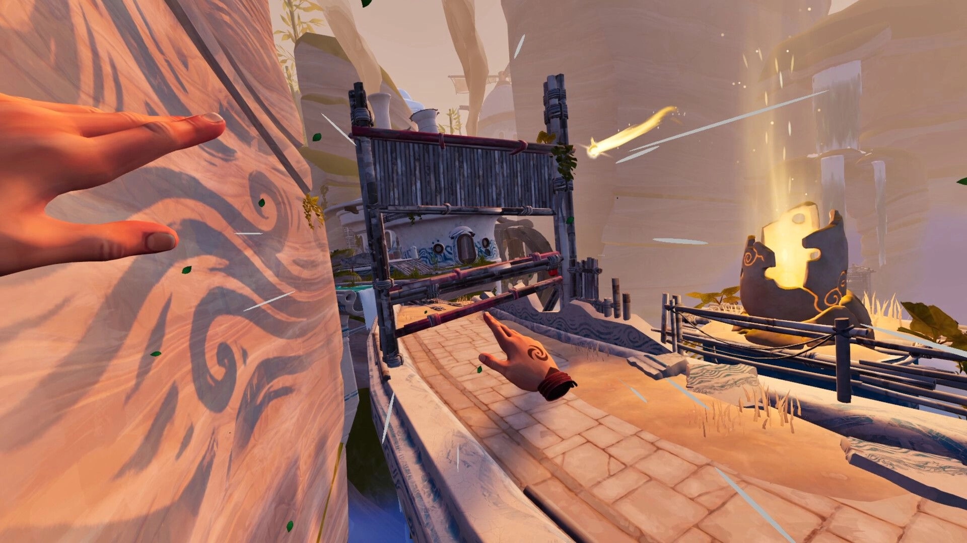 The Rifted Skies: First-person hands parkour along cliffside walkway past scaffolds and glowing relics.
