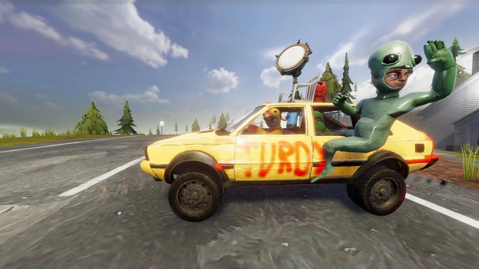 The Road: Yellow car with players in costumes and alien suit on side, parked by rural road.