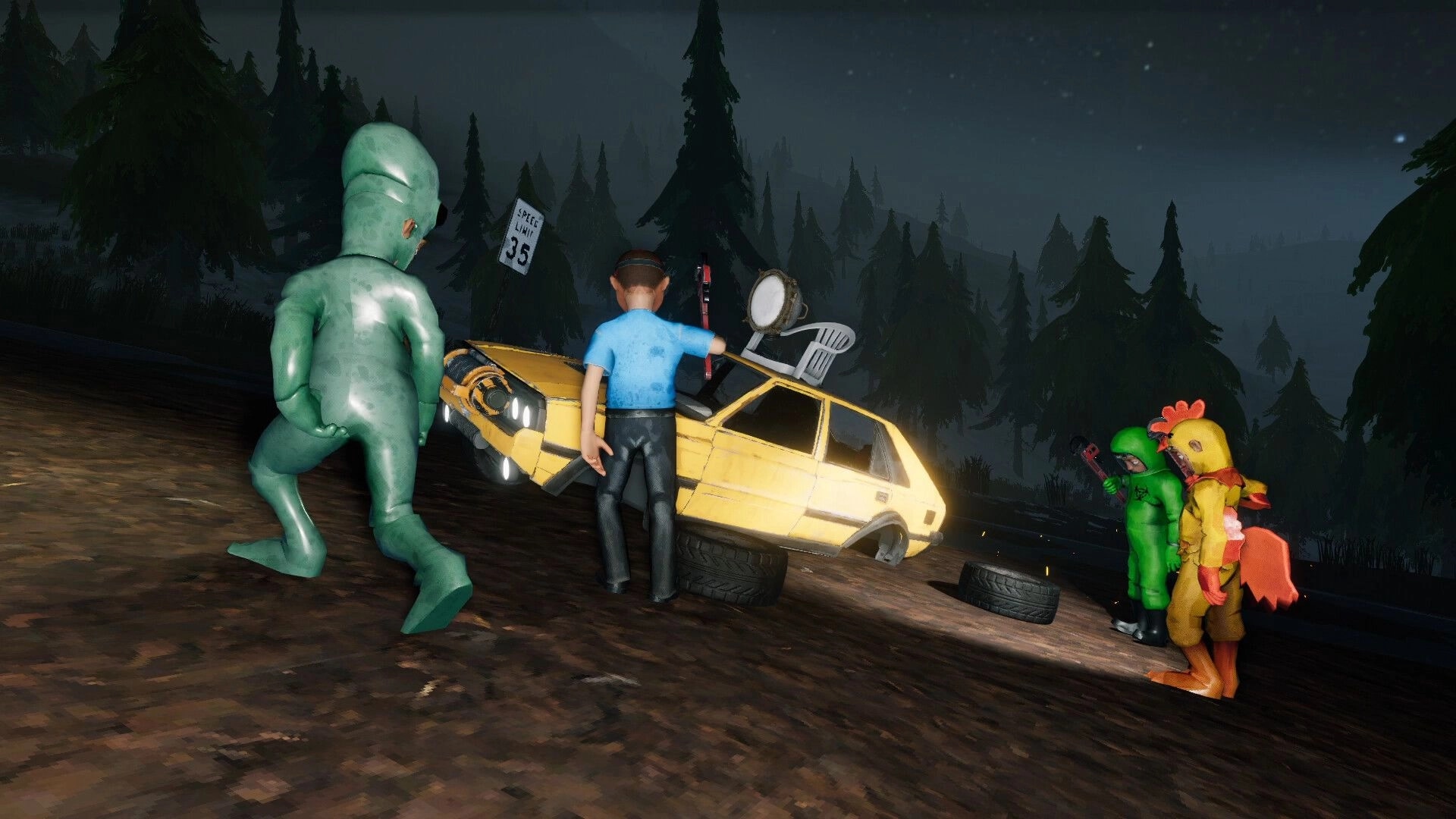 The Road: Four players inspect a wrecked yellow car on a rainy forest road at night near a speed sign.