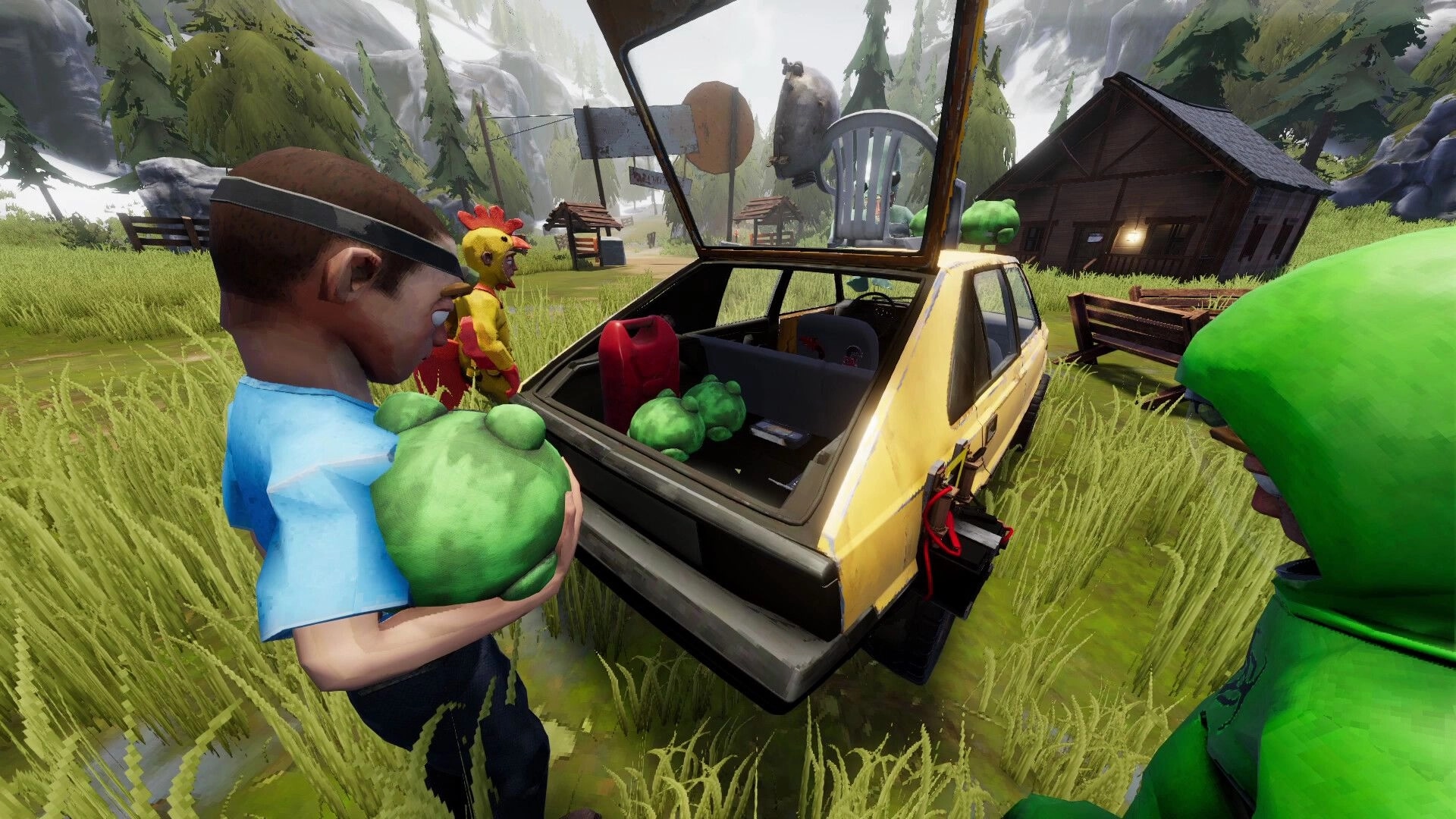 The Road: Players load green loot bags into an open hatchback car in a grassy cabin campsite.