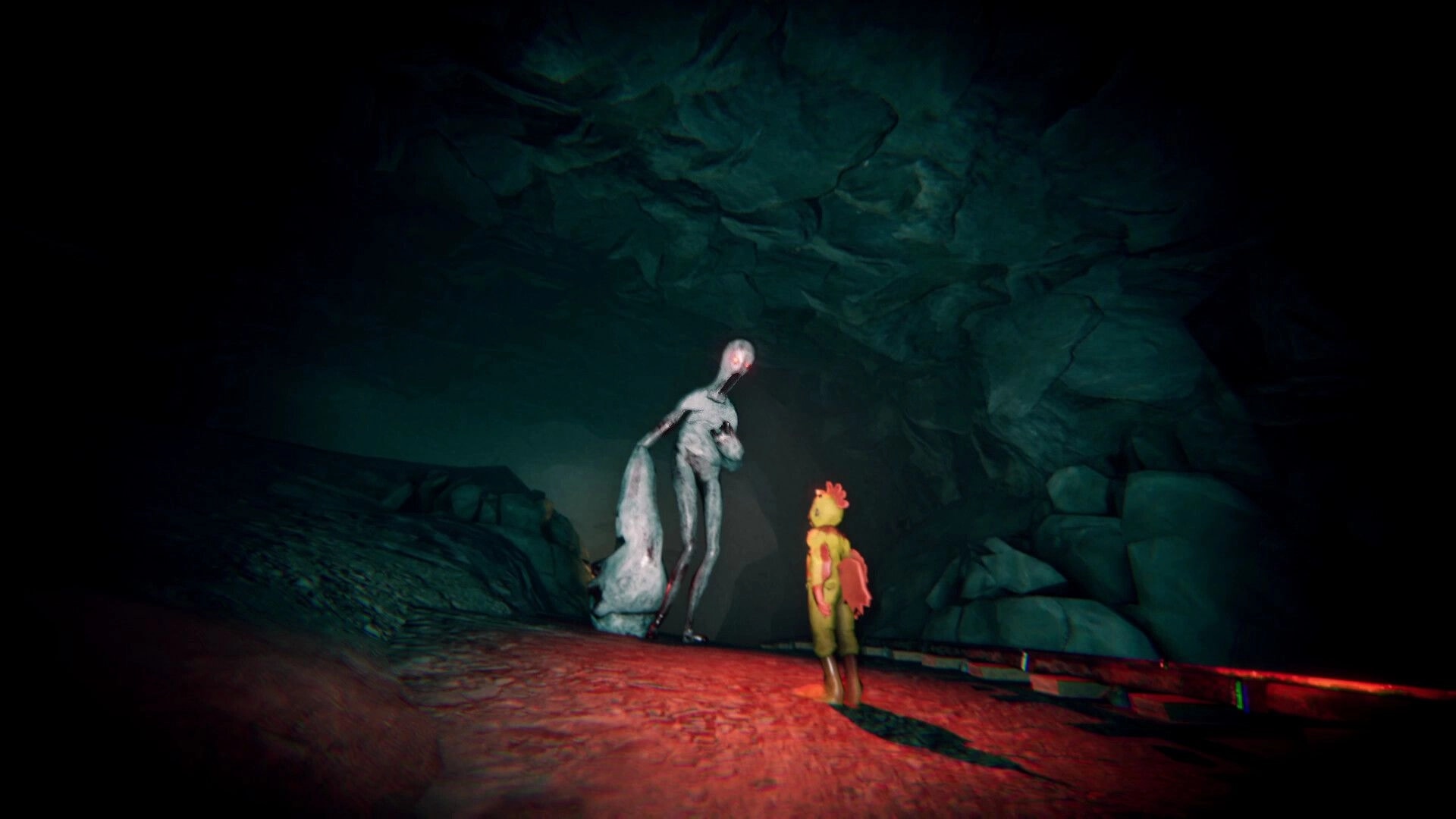 The Road: Player in chicken costume faces tall pale creature on a dark rocky cave road at night.
