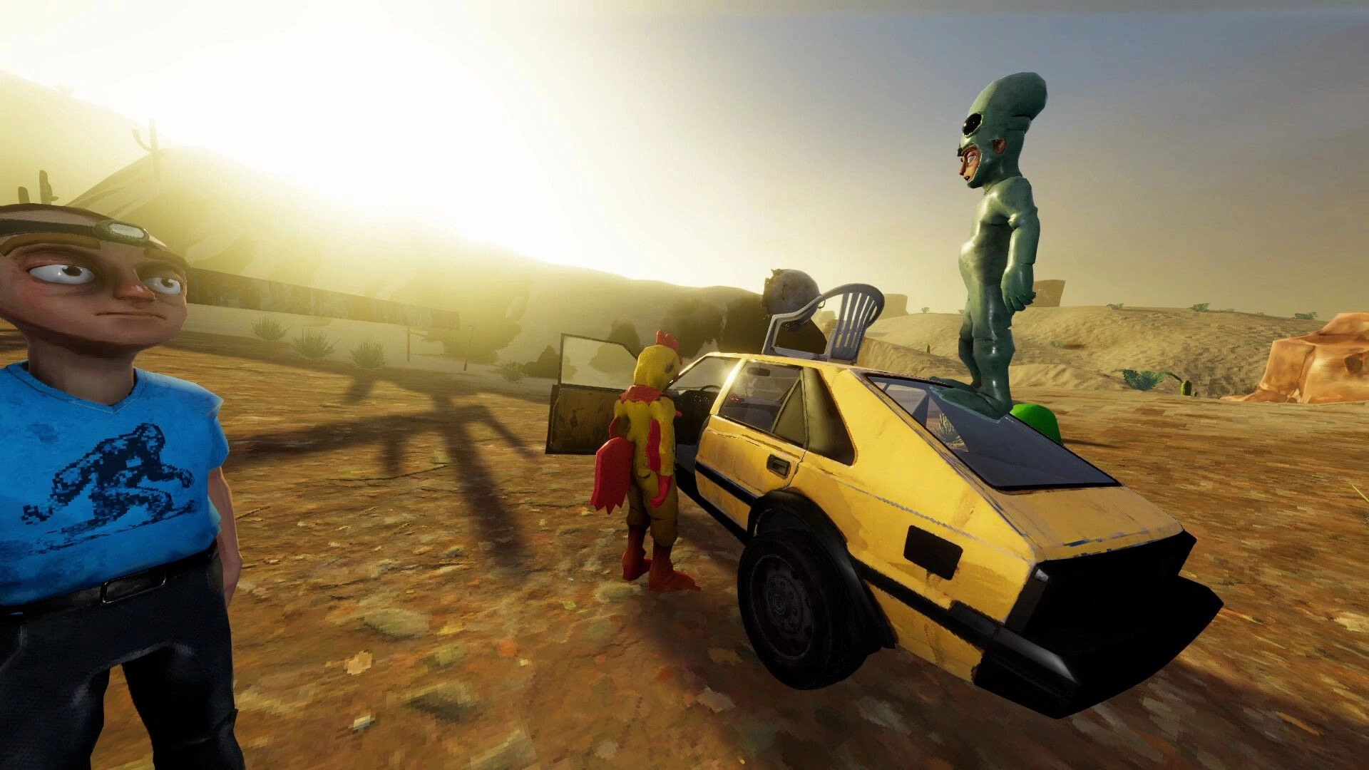 The Road: Players gather by a dented yellow car in a desert, one stands on the roof at sunset.