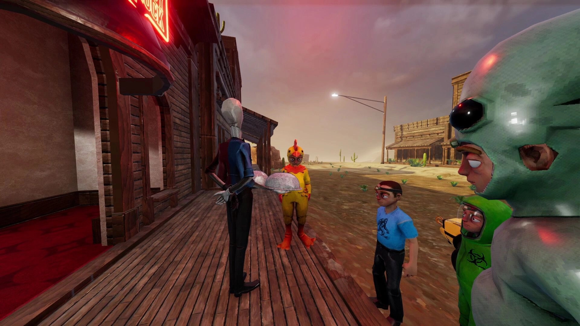 The Road: Four masked players face each other on a saloon porch in a dusty desert town at dusk.