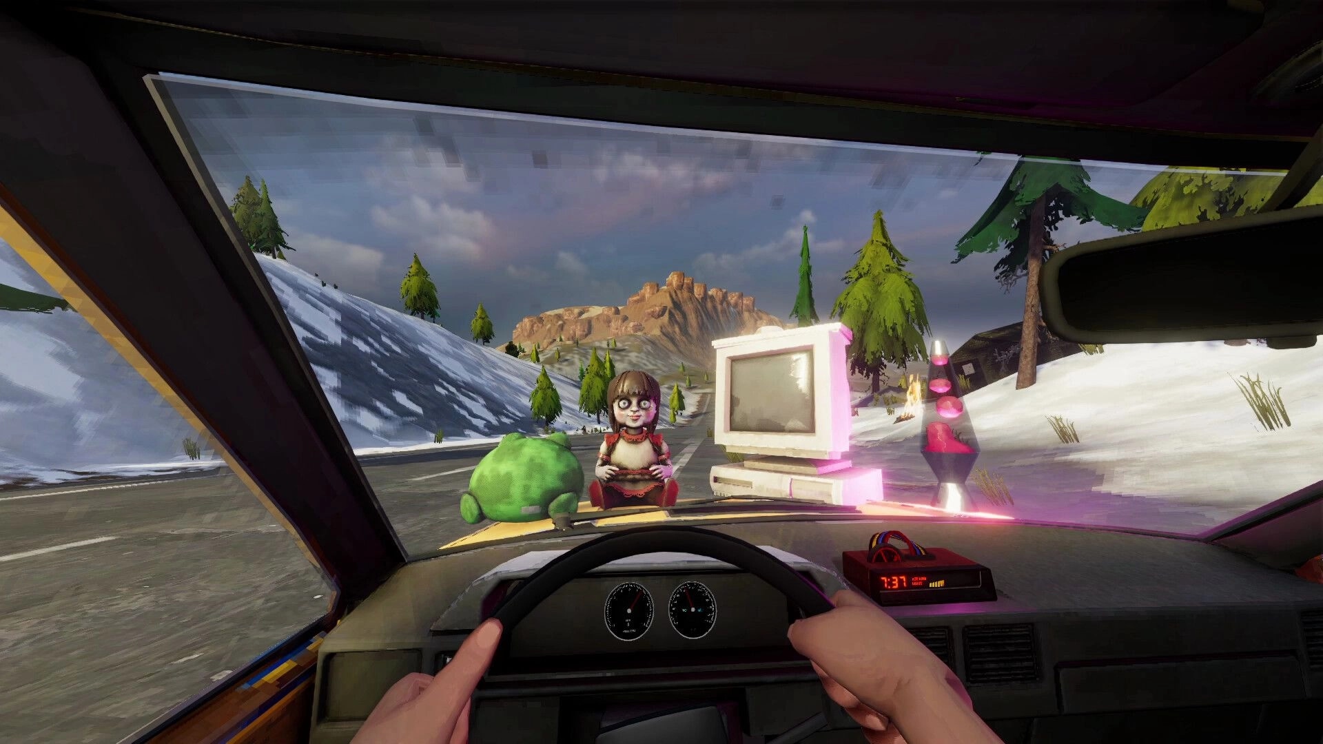 The Road: First-person driving view facing a doll and strange loot on a snowy roadside mountain pass.