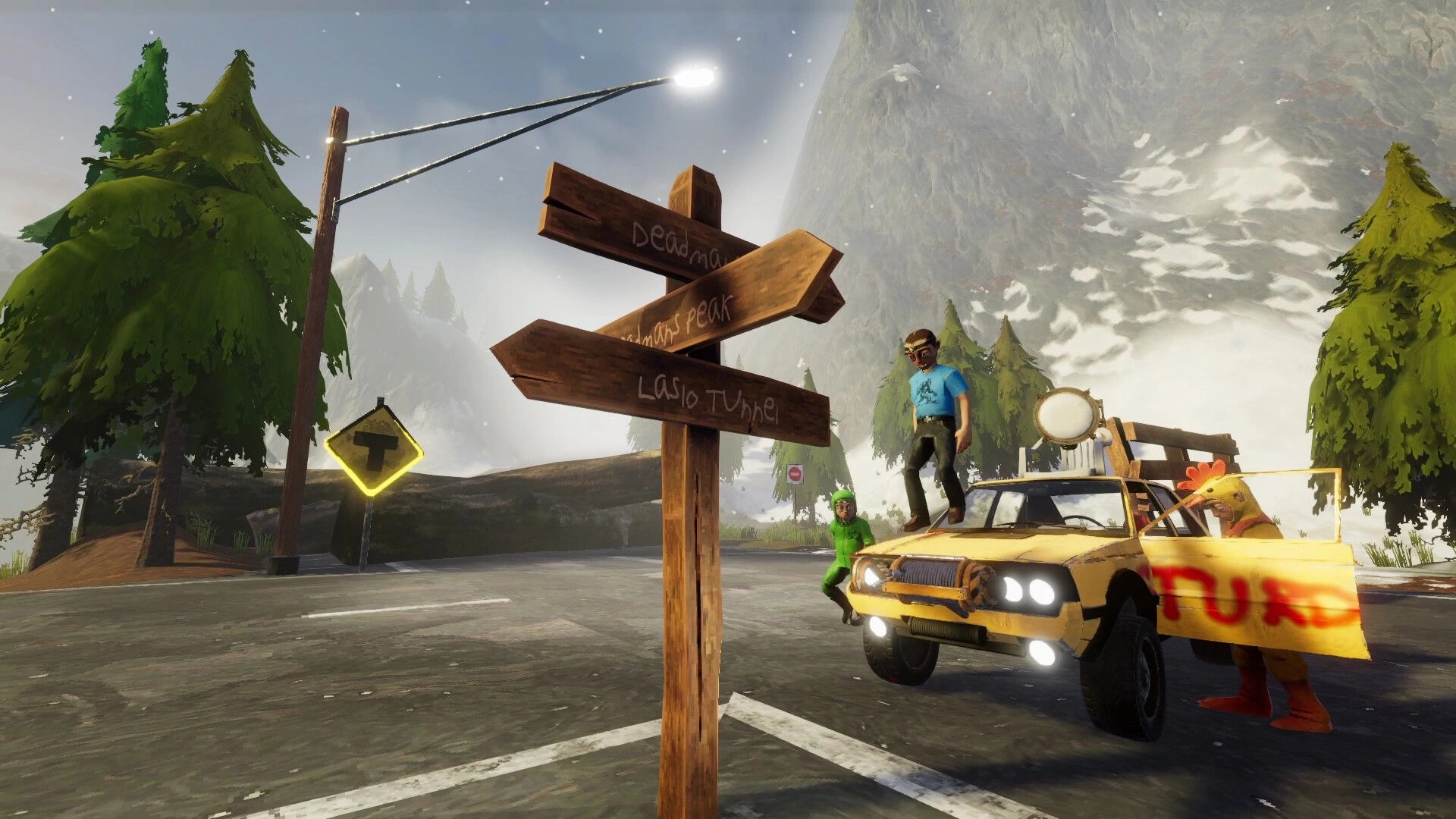 The Road: Players pose on a yellow car at a snowy mountain junction with wooden direction signs.