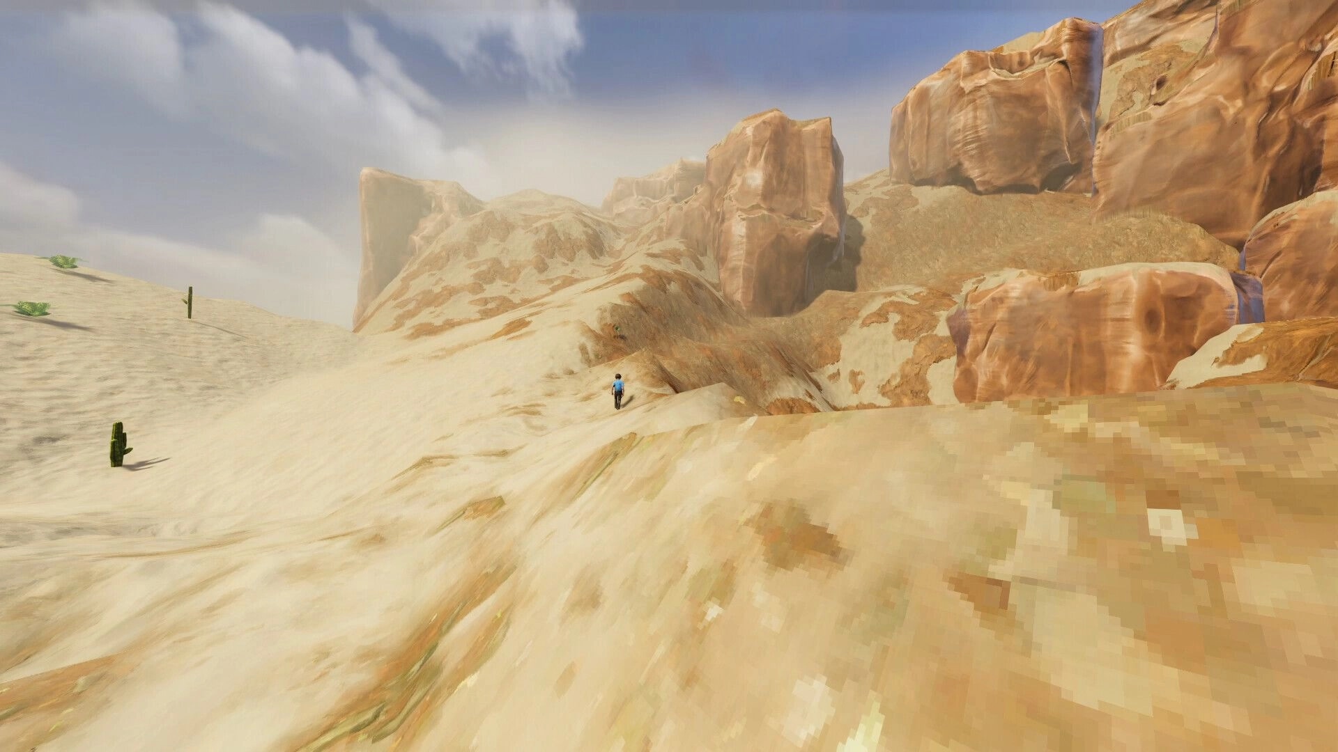 The Road: Lone player runs across sandy desert dunes toward towering red rock cliffs under cloudy sky.