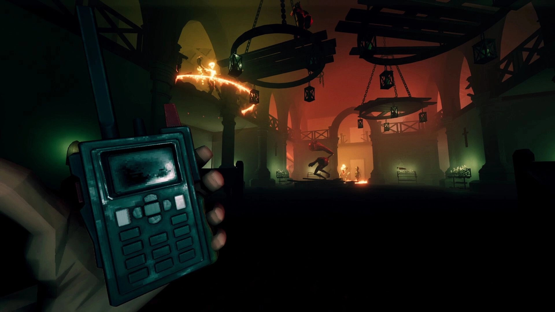 The Road: Player holds a radio as shadow creatures prowl a candlelit church hall with hanging lamps.