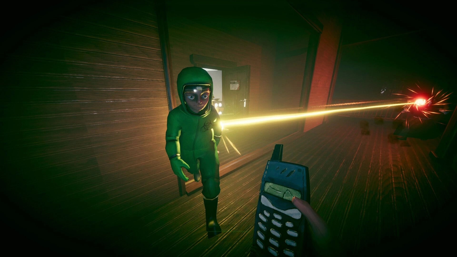 The Road: Player holds a walkie-talkie facing a hazmat-suited teammate in a foggy cabin porch.