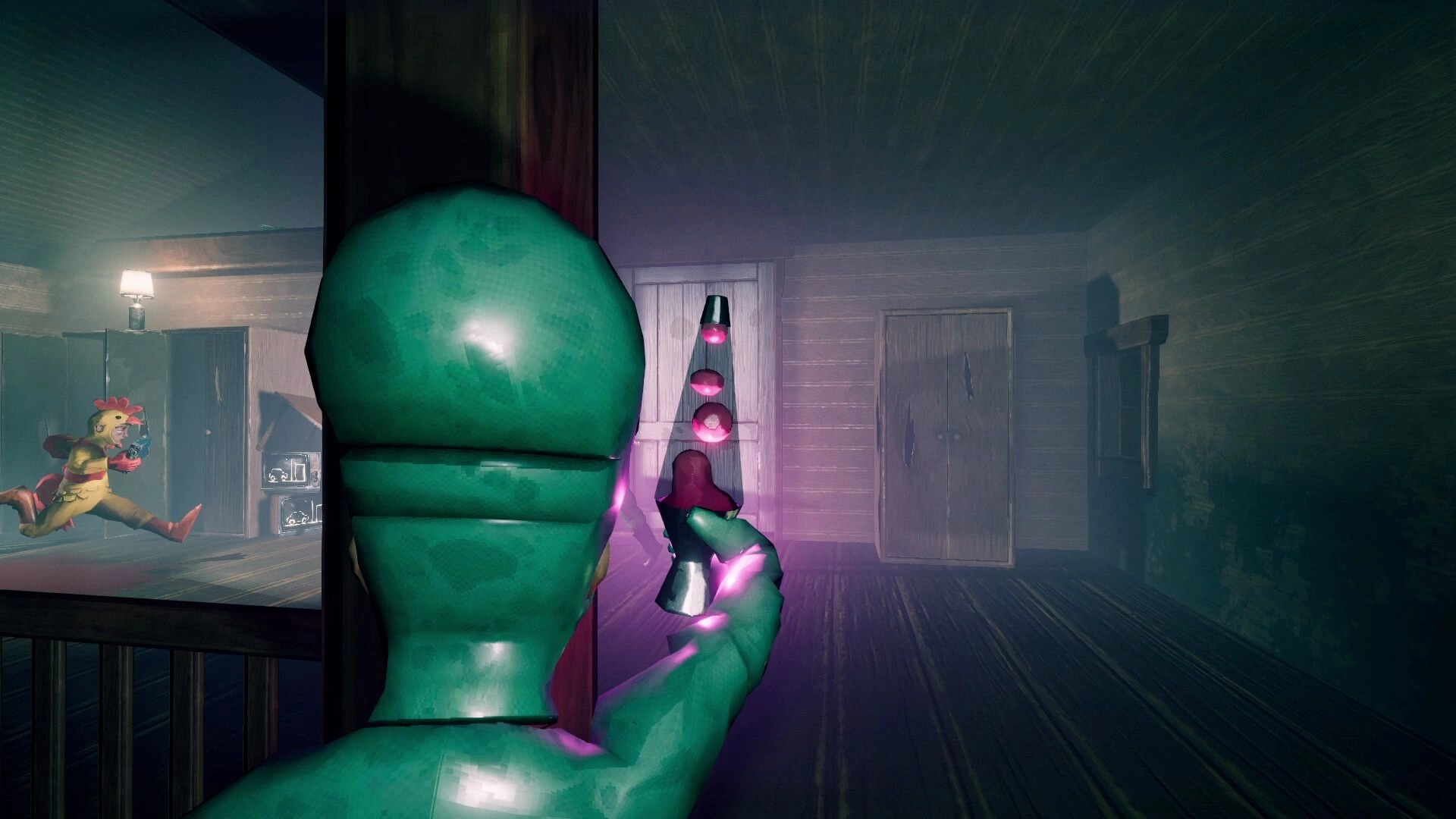The Road: Player aims a glowing lava lamp inside a wooden house while a chicken-suit teammate runs by.