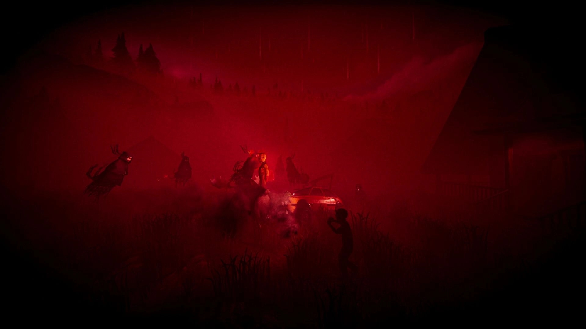 The Road: Red fog engulfs a car as shadowy creatures close in on a dark forest roadside at night.