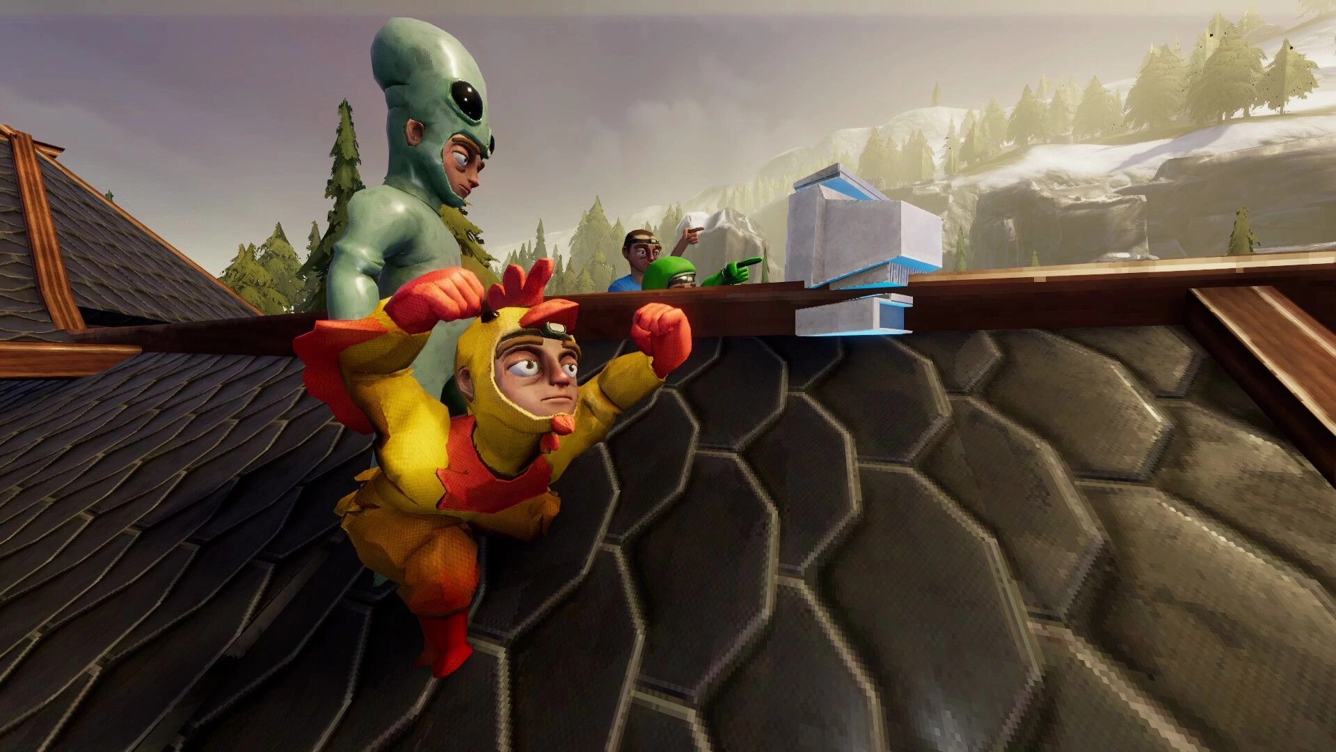The Road: Three costumed players crouch on a rooftop by a blue loot crate with snowy hills beyond.