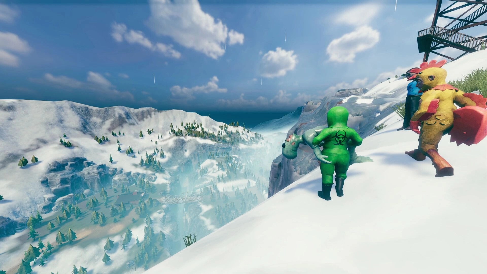 The Road: Three costumed players on a snowy cliff overlook a foggy valley and distant buildings.