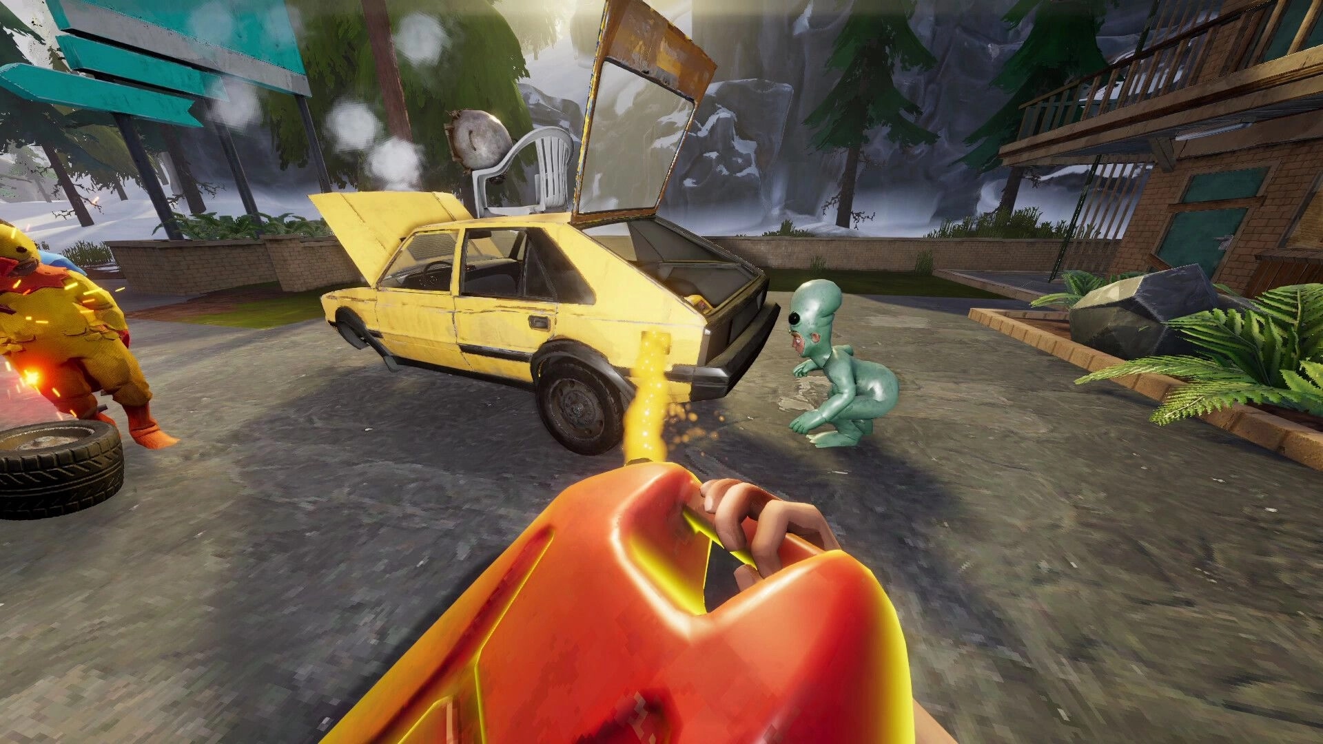 The Road: Player refuels a yellow car with doors open as a small alien crouches in a courtyard.
