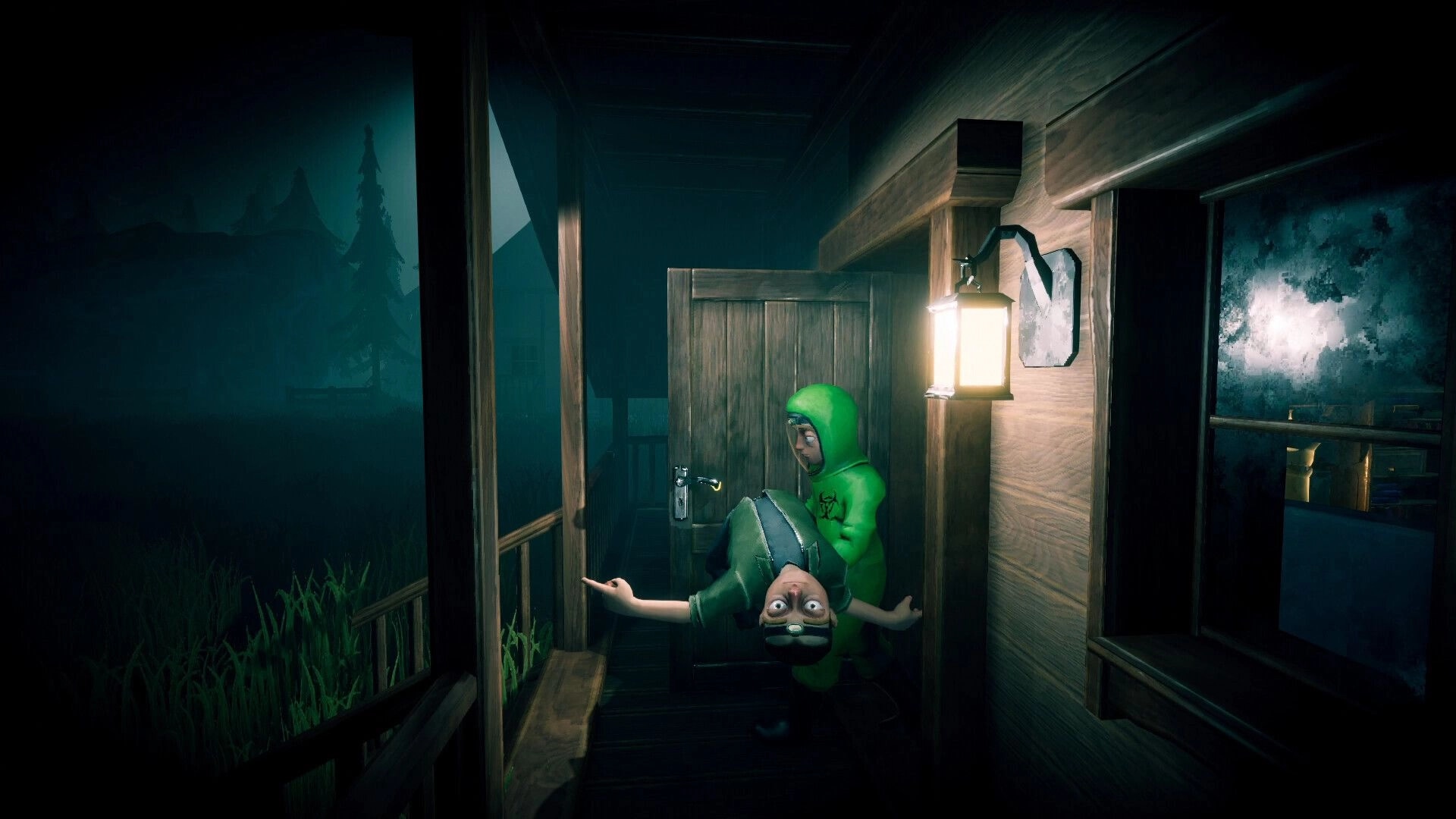 The Road: Player in green hazmat suit holds an upside-down teammate on a foggy porch at night.