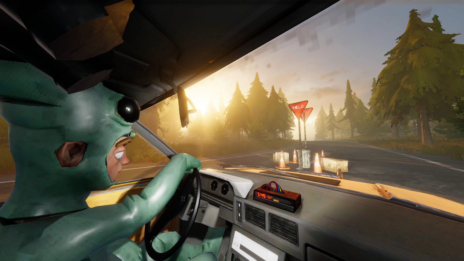 The Road: Driver in green animal suit grips wheel at forest intersection with yield sign and cones.
