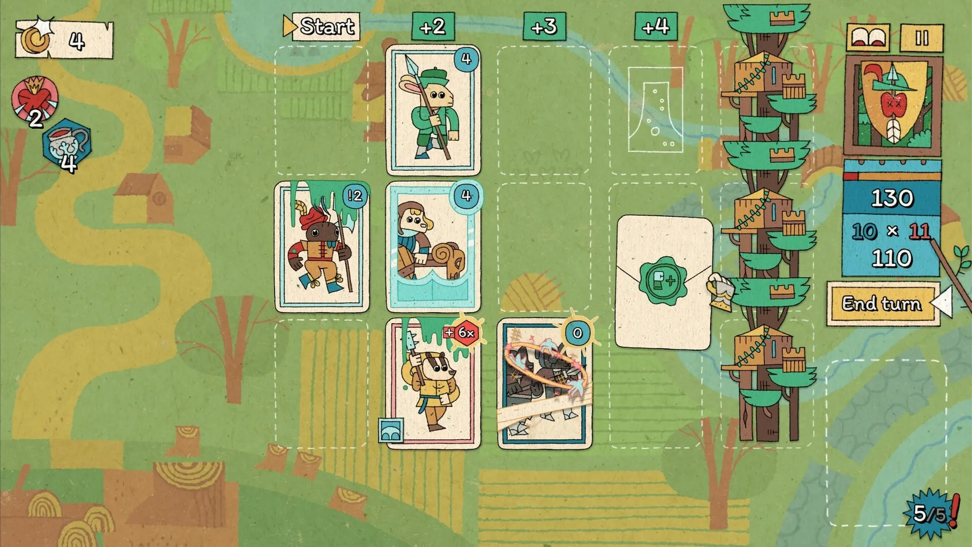 The Royal Writ: Card battle interface with characters and stats, treehouse towers, and end turn button