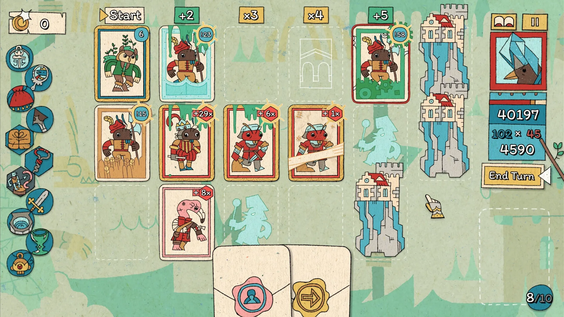 The Royal Writ: Card battle interface with character stats, castles, and end turn button visible