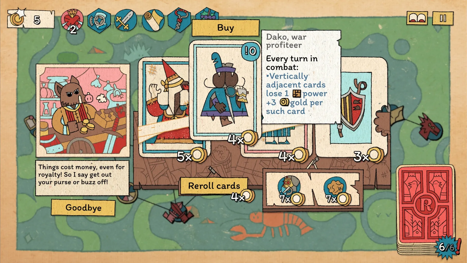 The Royal Writ: Card shop interface with Dako, war profiteer, card details and currency displayed