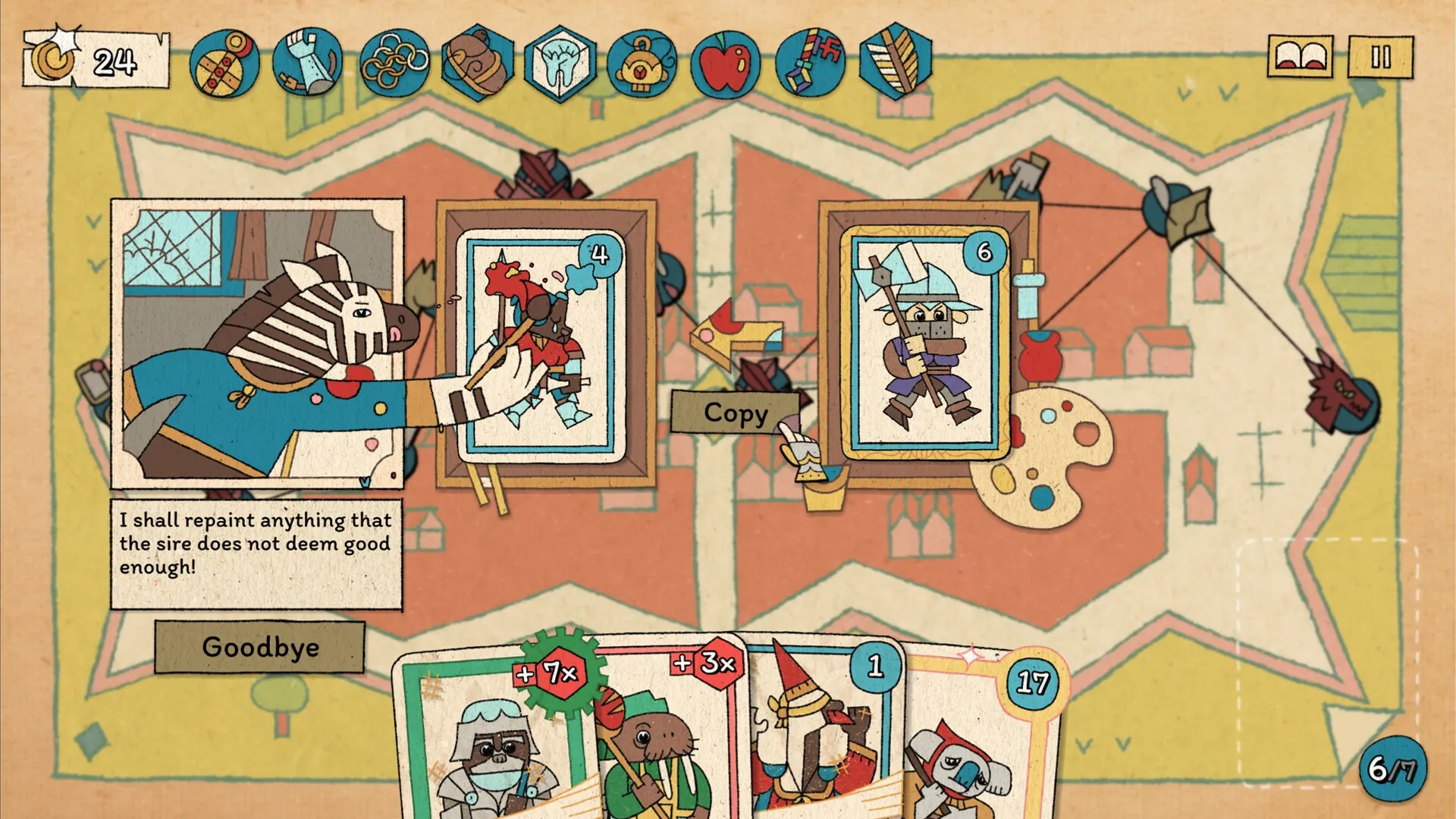 The Royal Writ: Card painting interface with zebra artist and tactical map in medieval deckbuilder game.