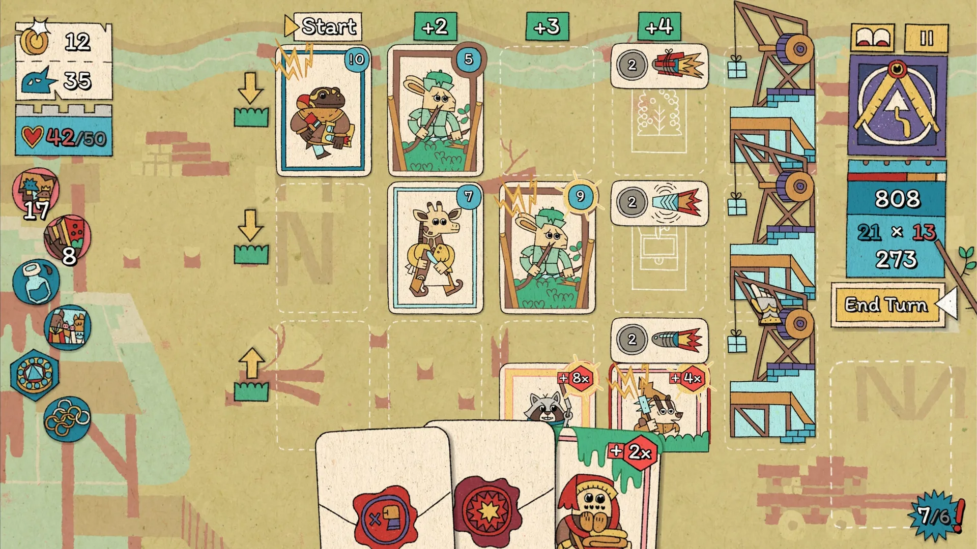 The Royal Writ: Card battle scene with animal heroes, resource icons, and strategic options displayed