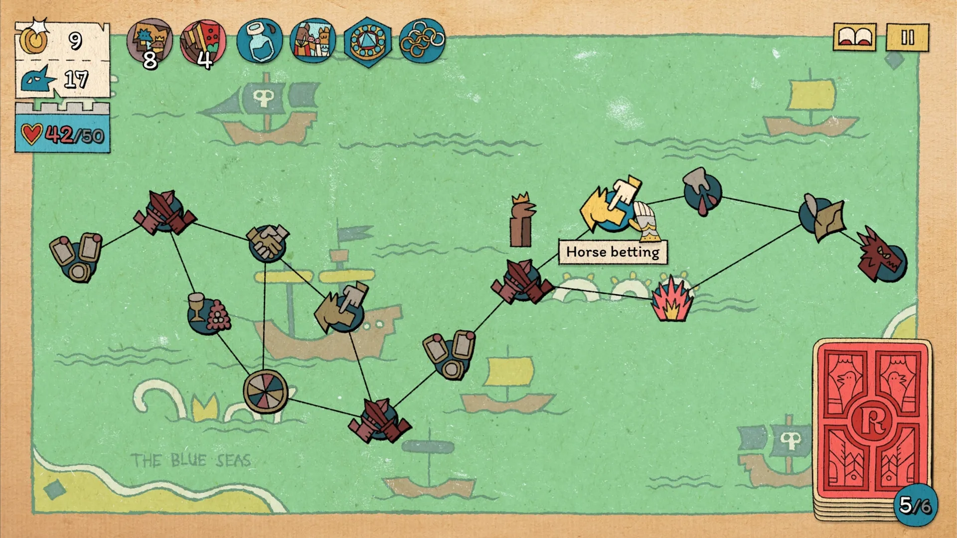 The Royal Writ: Strategic map with path choices, displaying "Horse betting" event in a sea setting.