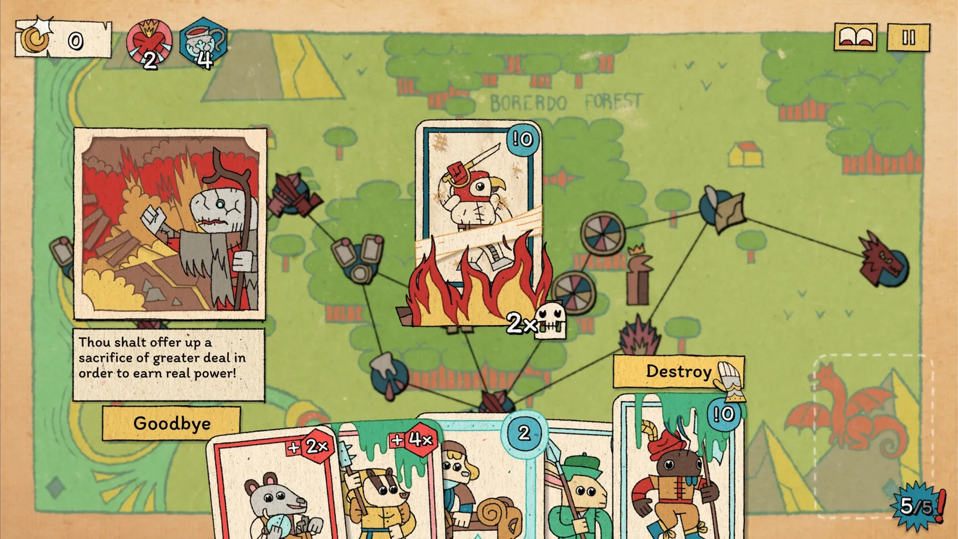 The Royal Writ: Card sacrifice at Borero Forest with strategic options and resources displayed