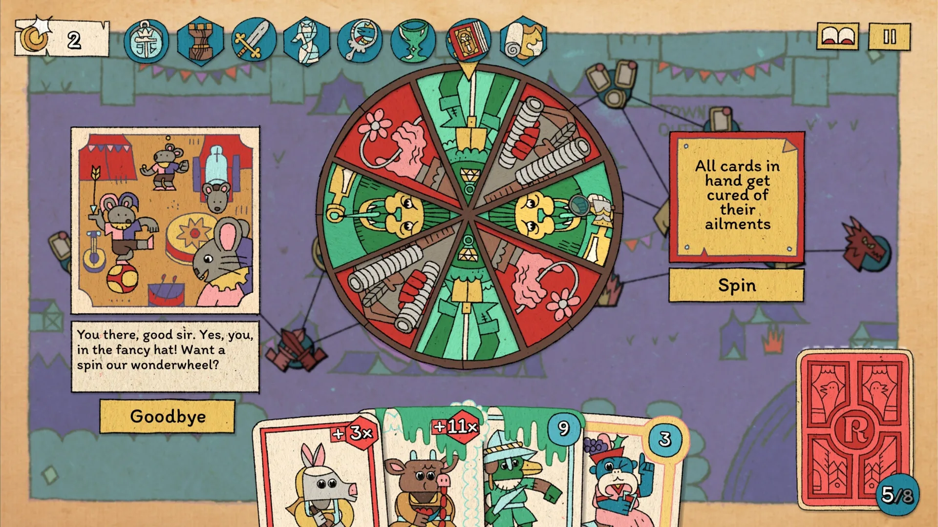 The Royal Writ: Spin the wonderwheel in a vibrant carnival setting to cure card ailments.