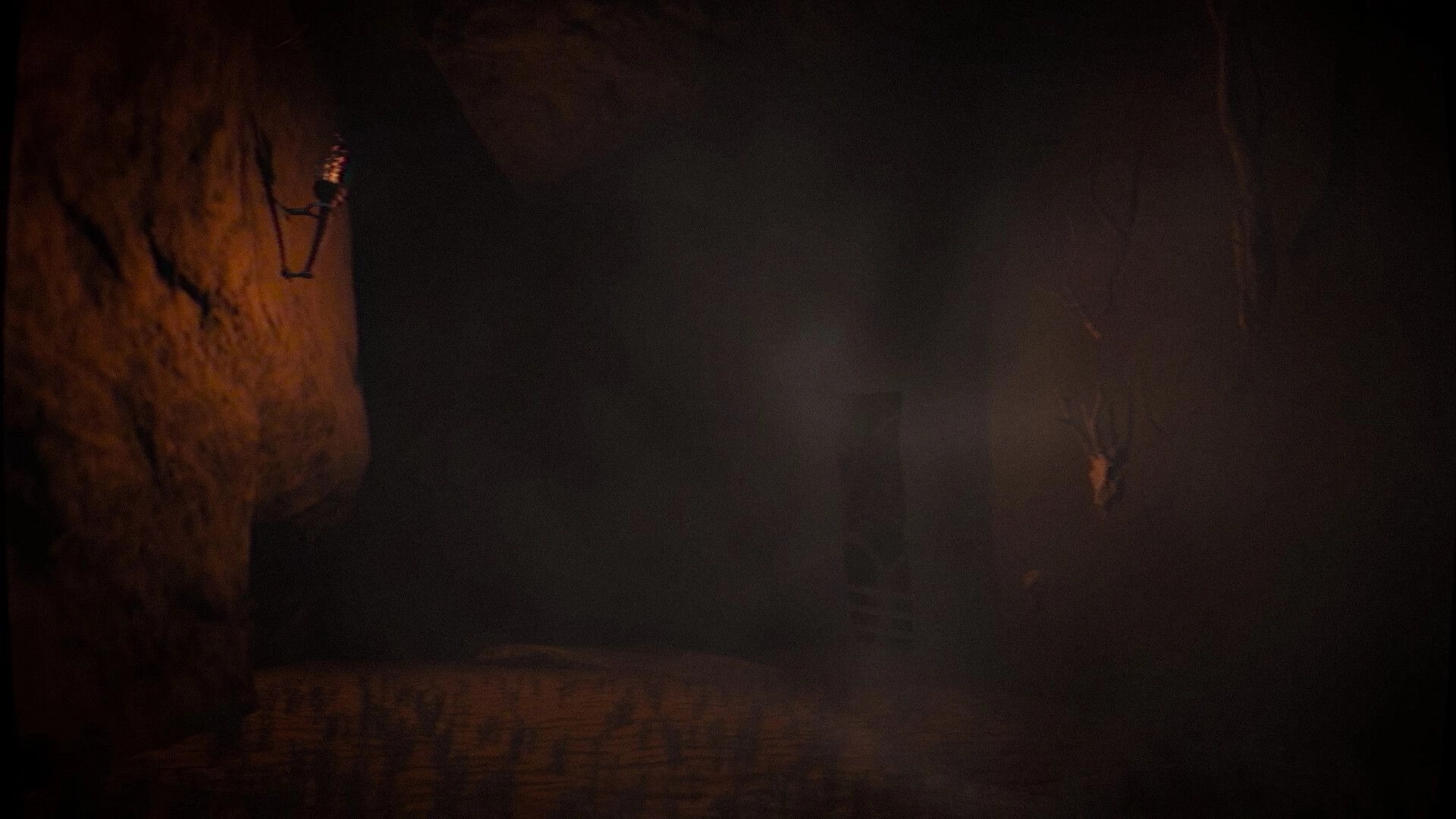 The Saint: Dimly lit cave with mounted antlers and a ladder leading to a mysterious dark doorway