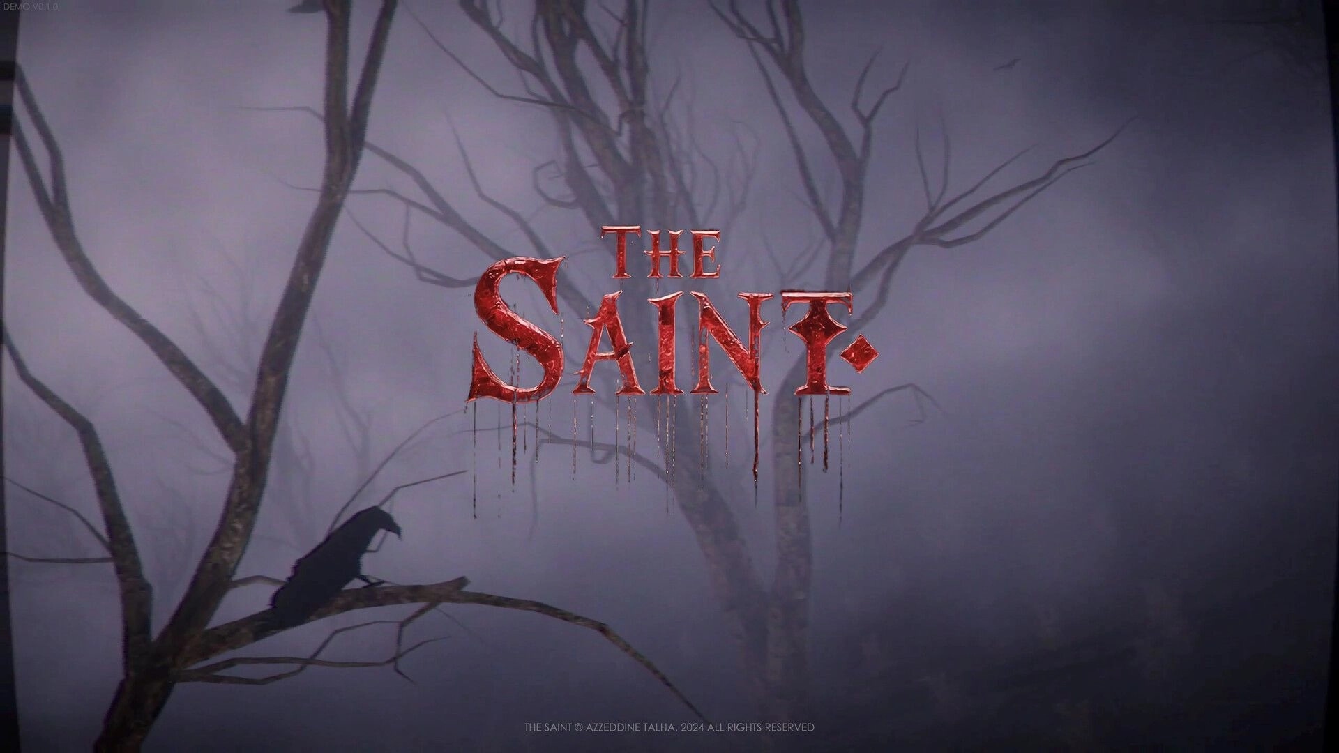The Saint: Title screen with foggy forest backdrop and crow on branch