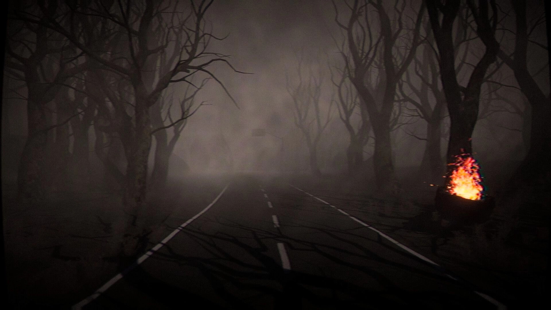 The Saint: Foggy forest road with eerie trees and a burning fire pit illuminating the path