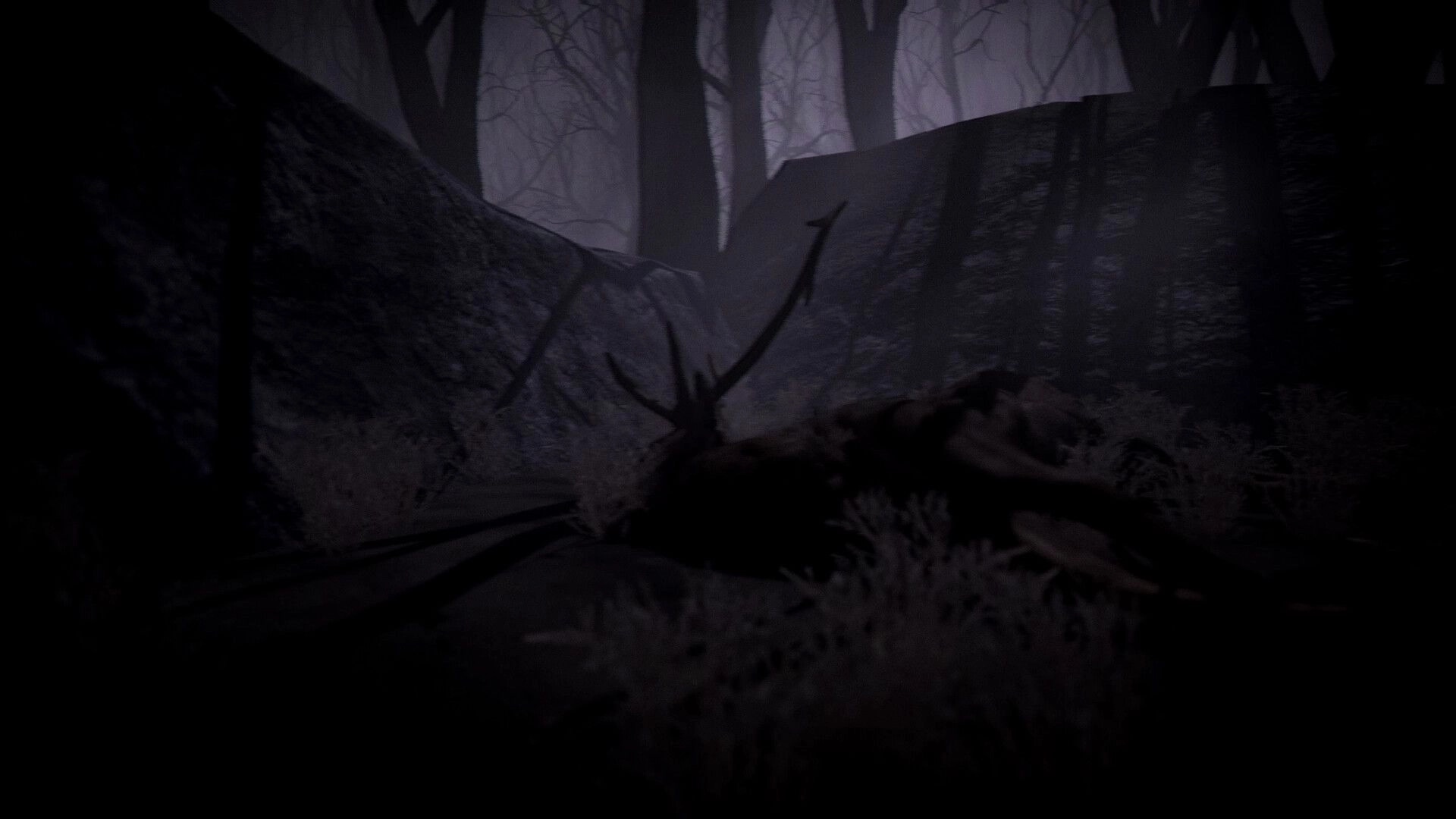 The Saint: Eerie forest environment with a dark, shadowy figure and twisted trees in the background.
