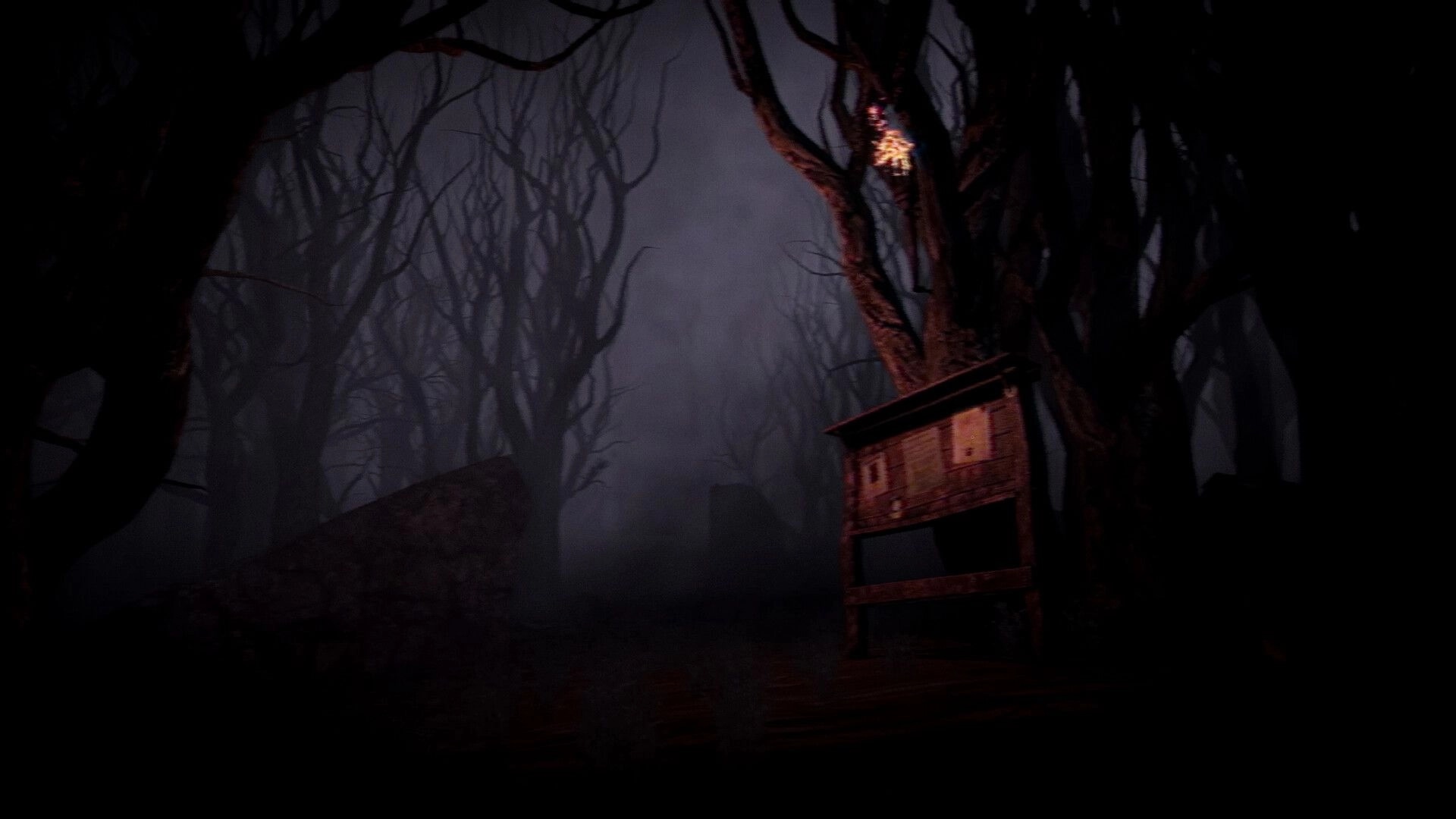 The Saint: Eerie forest with bare trees and a wooden notice board under a dark, foggy sky